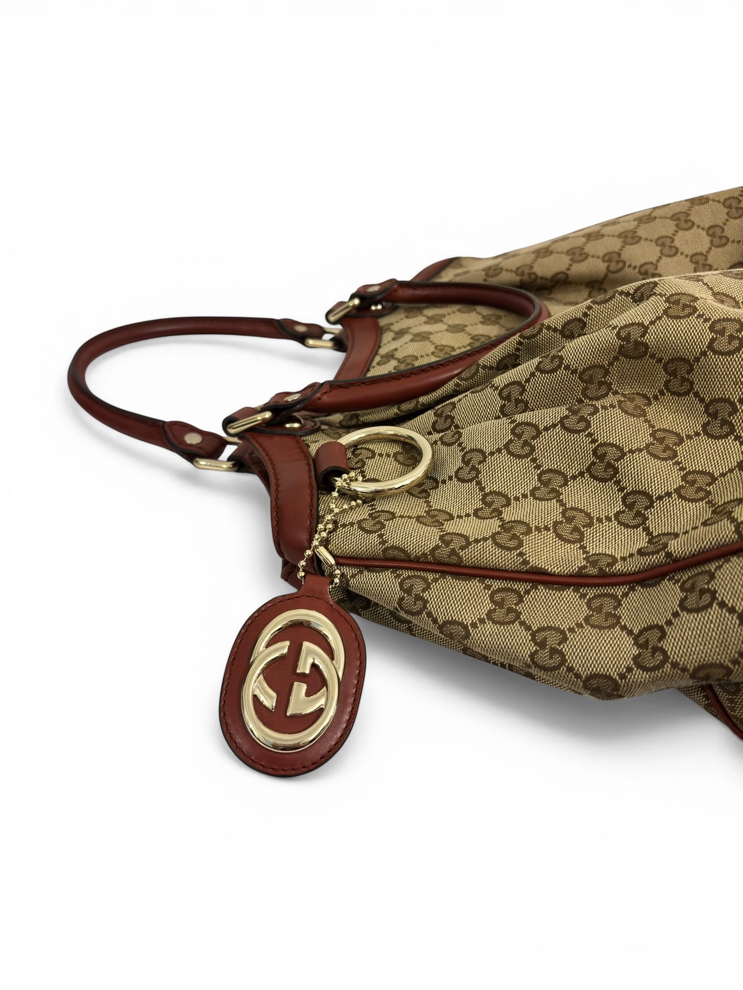 Gucci Sukey Brown & Red Leather & Canvas Monogram Tote Shoulder Bag