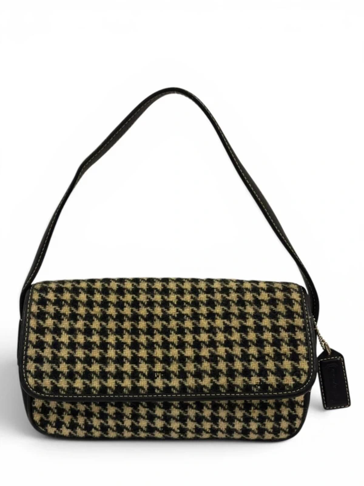 Coach Black & Beige Demi Houndstooth Wool Tweed & Leather Vintage Shoulder Bag