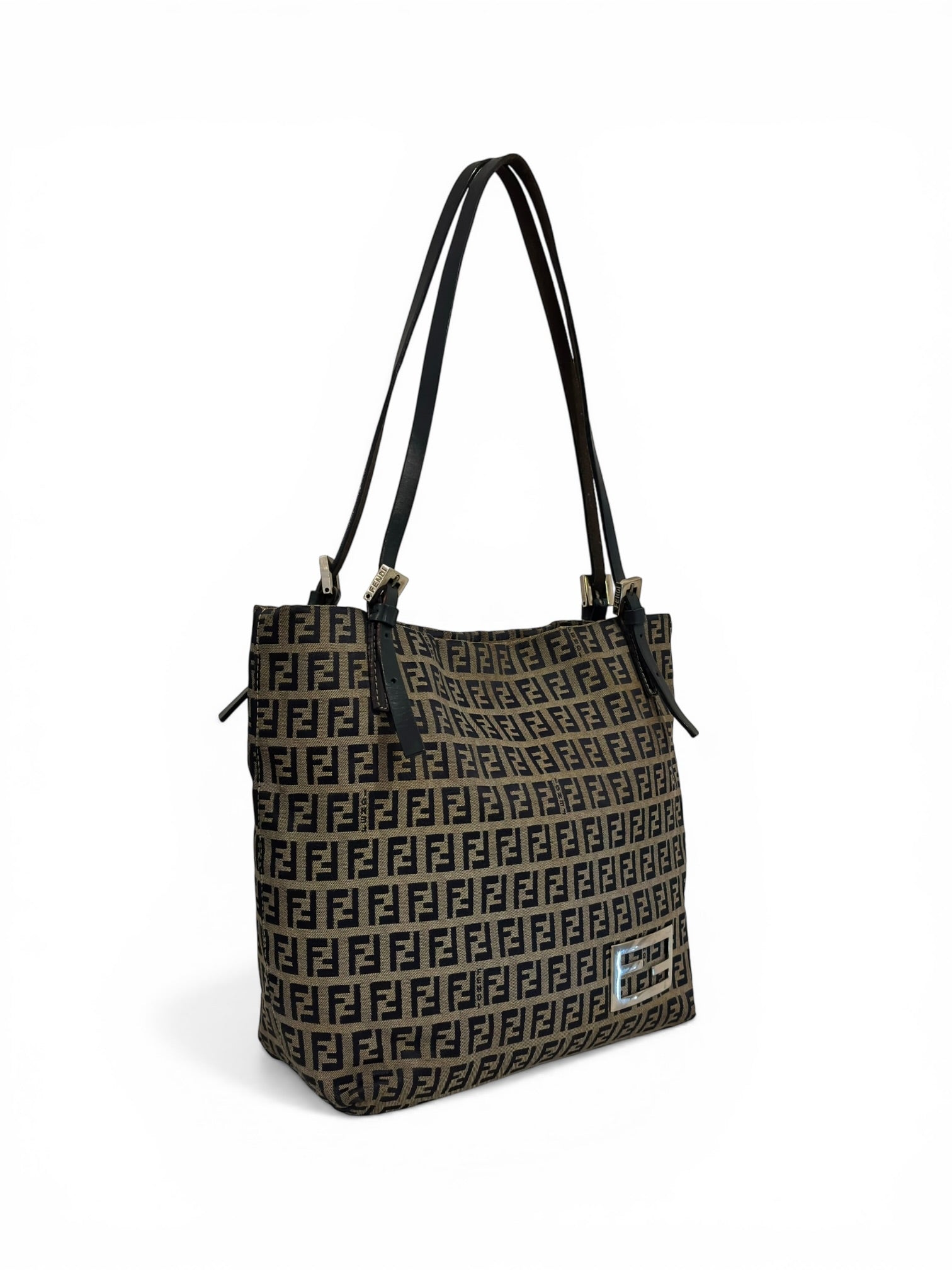 Fendi Zucchino Vitello Brown Grey Navy Monogram Zucca Vintage Tote Shoulder Bag