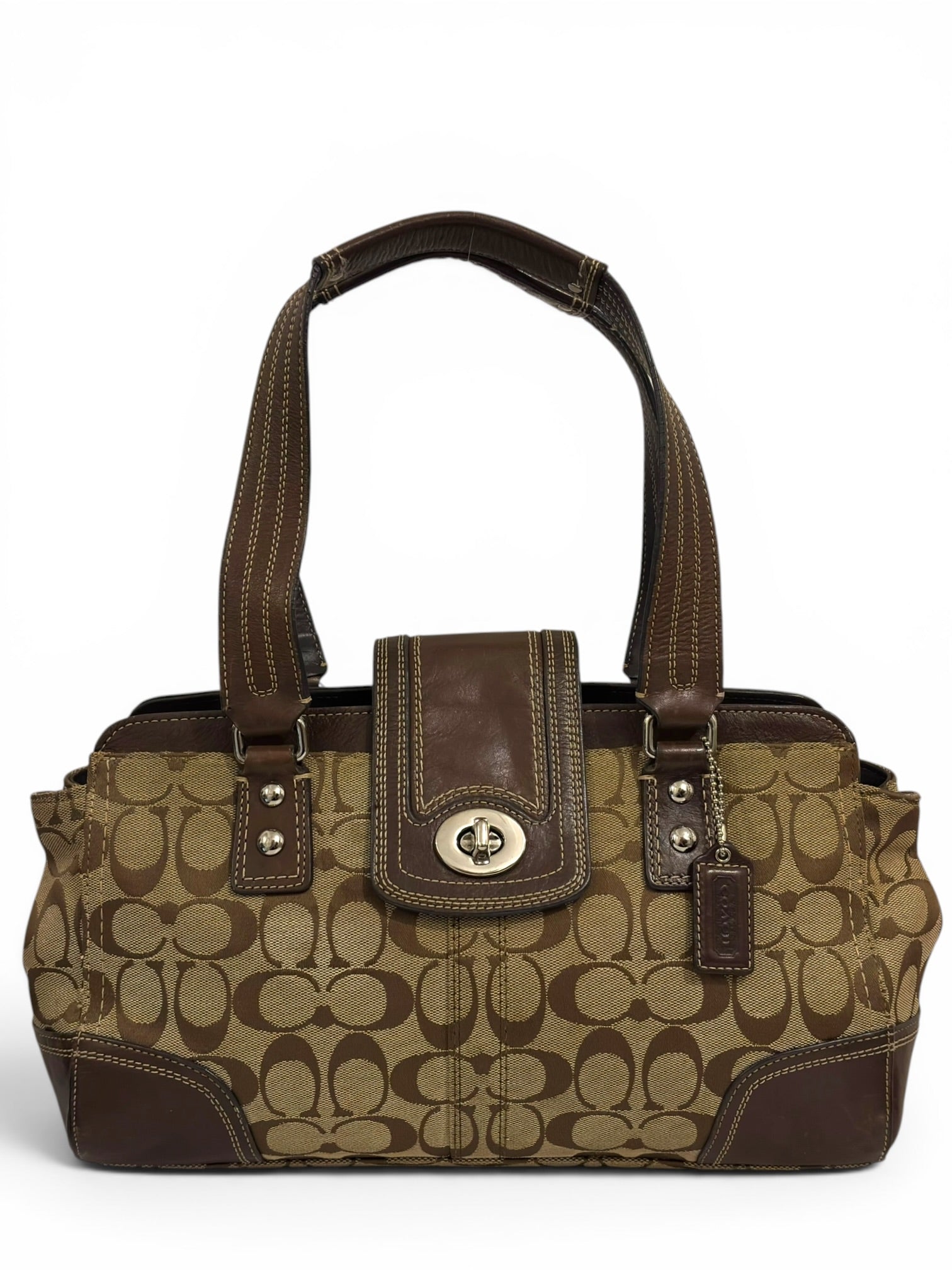 Coach Chestnut Brown Canvas & Leather Turnlock Hamptons Carryall F13975 Tote Vintage Shoulder
Bag