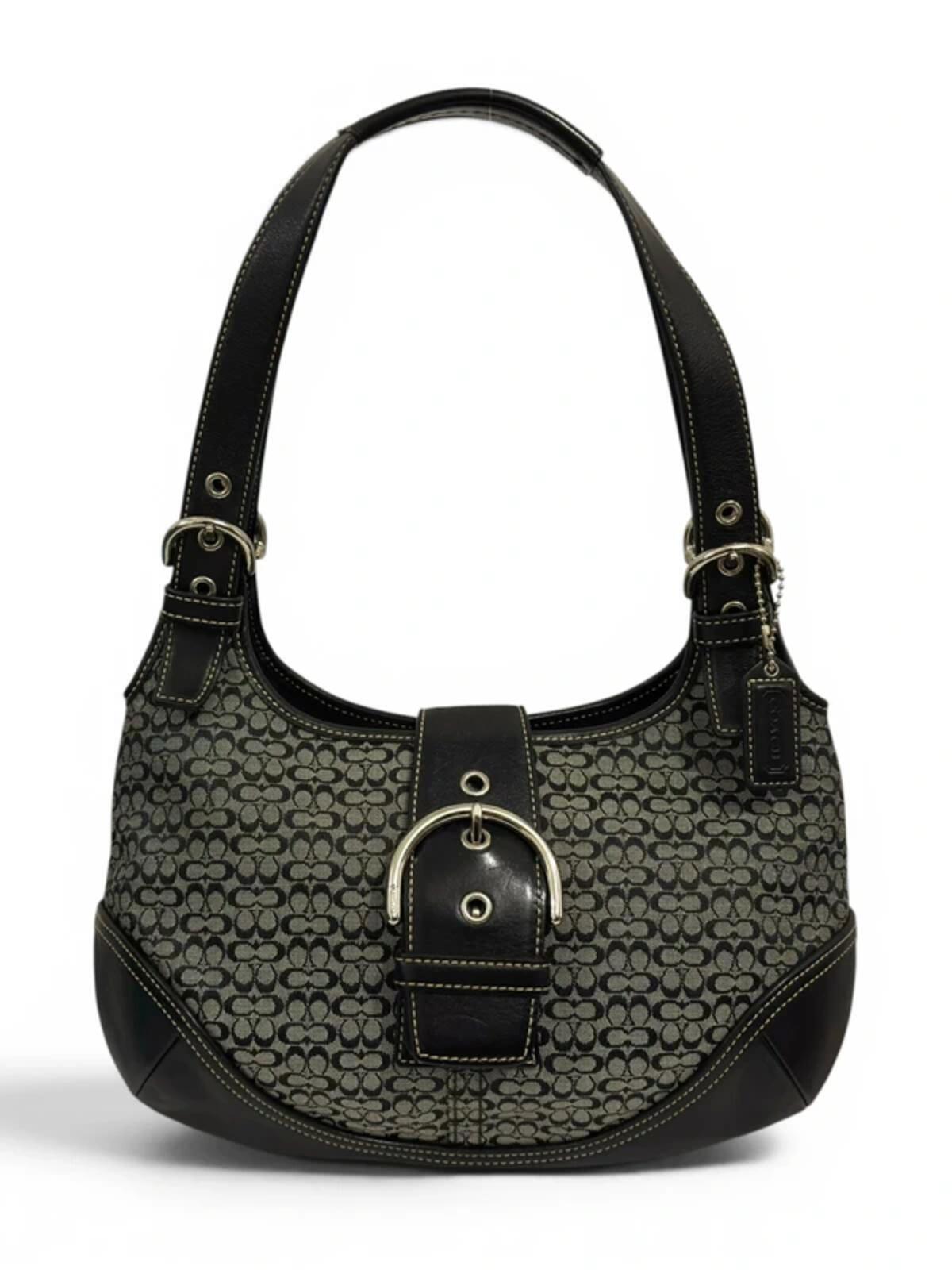 Coach Signature Soho Black / Grey Buckle Canvas & Leather Vintage Hobo Shoulder Bag C04J-7074