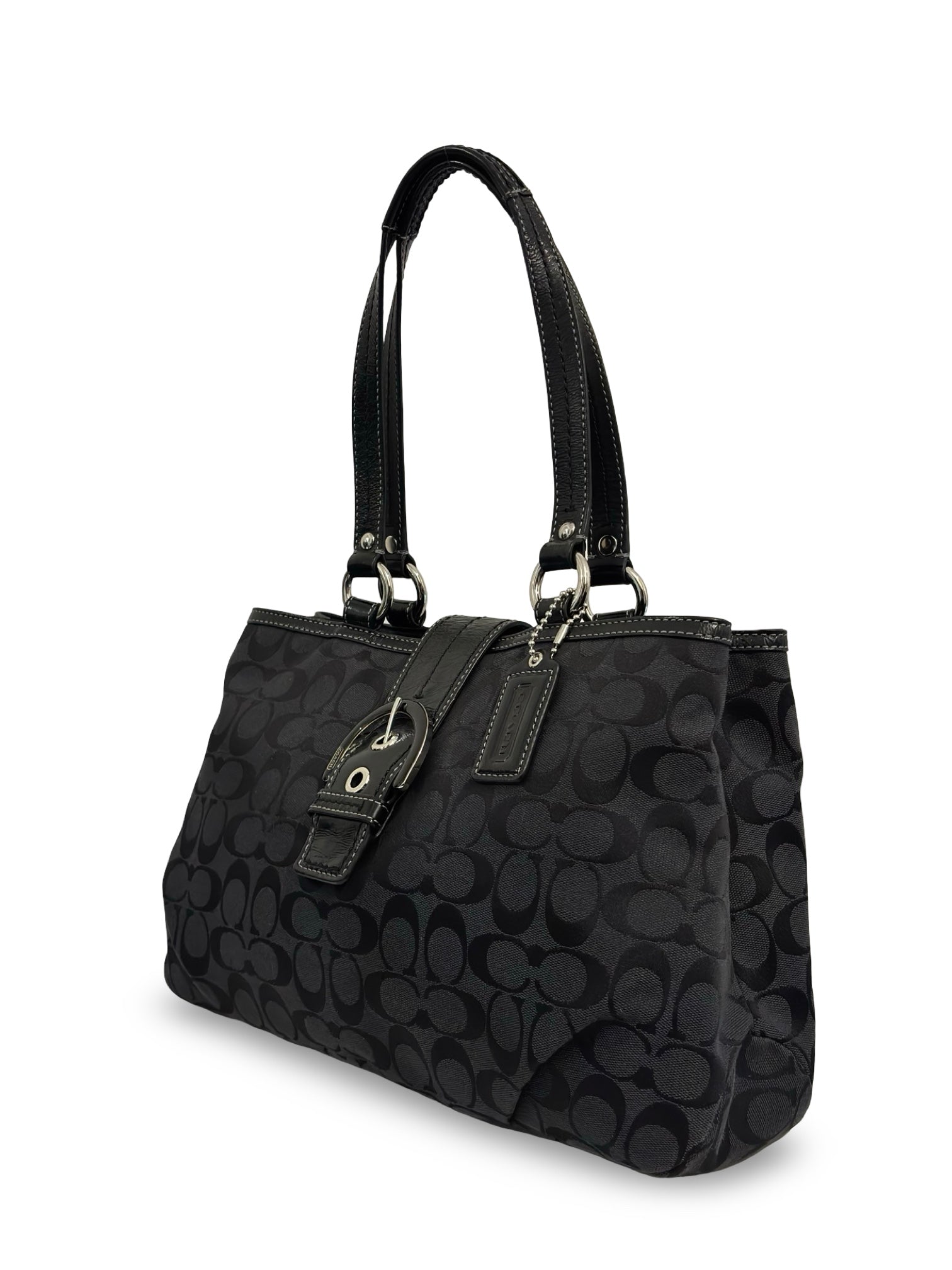 Coach Black Soho Lynn Signature Buckle Canvas & Patent Leather Tote Shoulder Bag