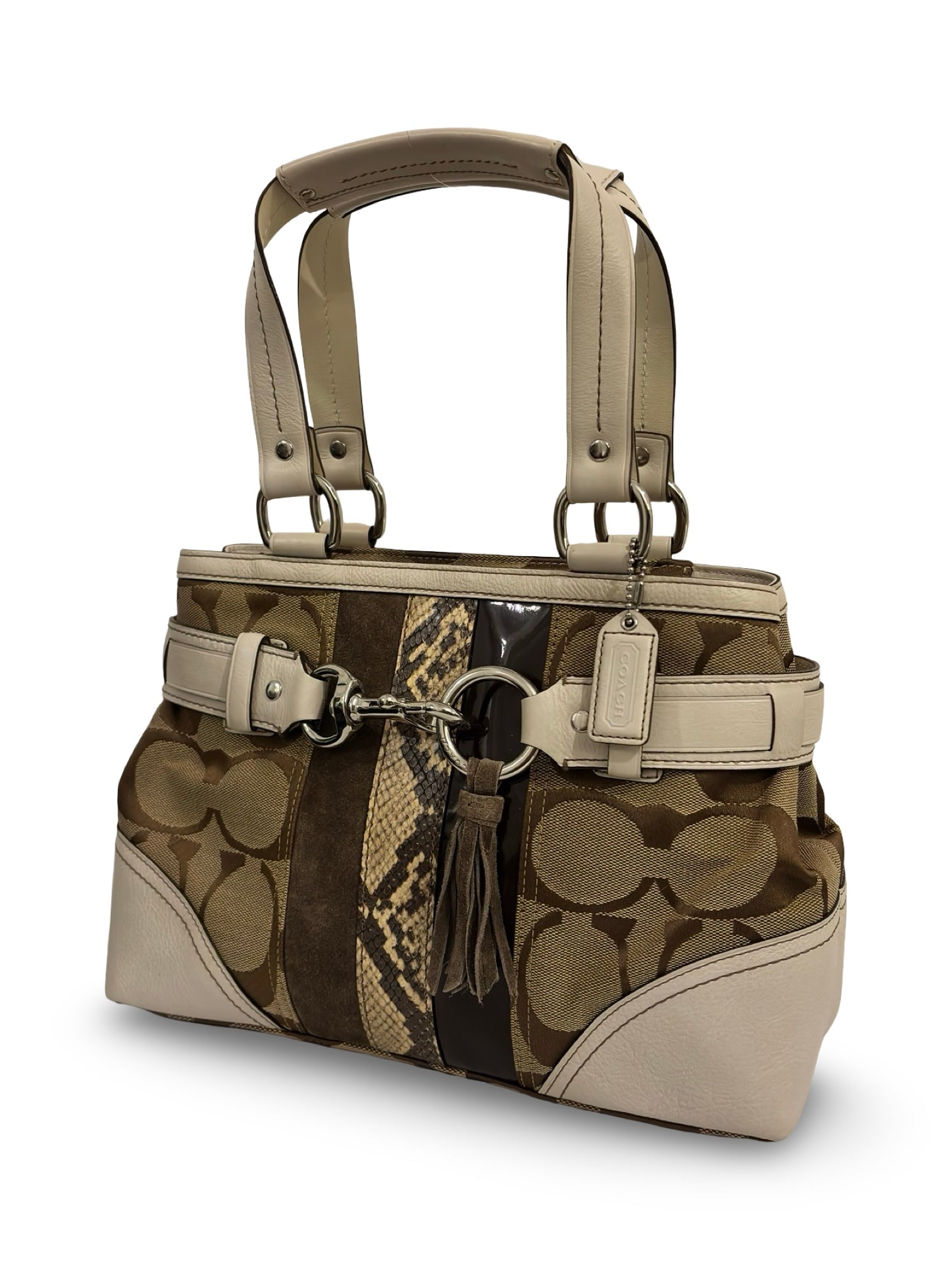 Coach Hampton Brown / White Canvas & Leather Signature Python Tassle Vintage Tote Shoulder Bag