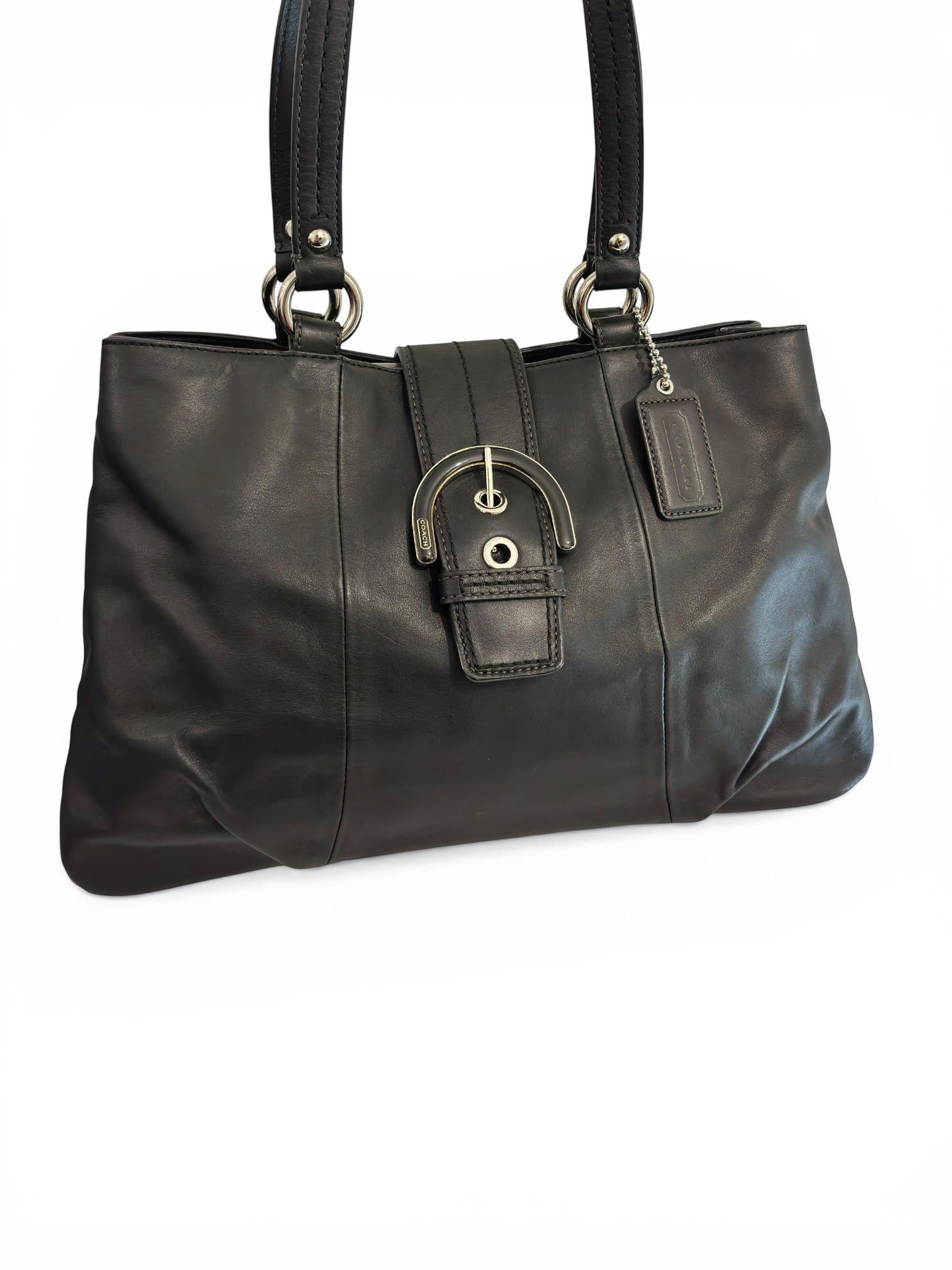 Coach Soho Black Leather Buckle East West Tote Shoulder Bag