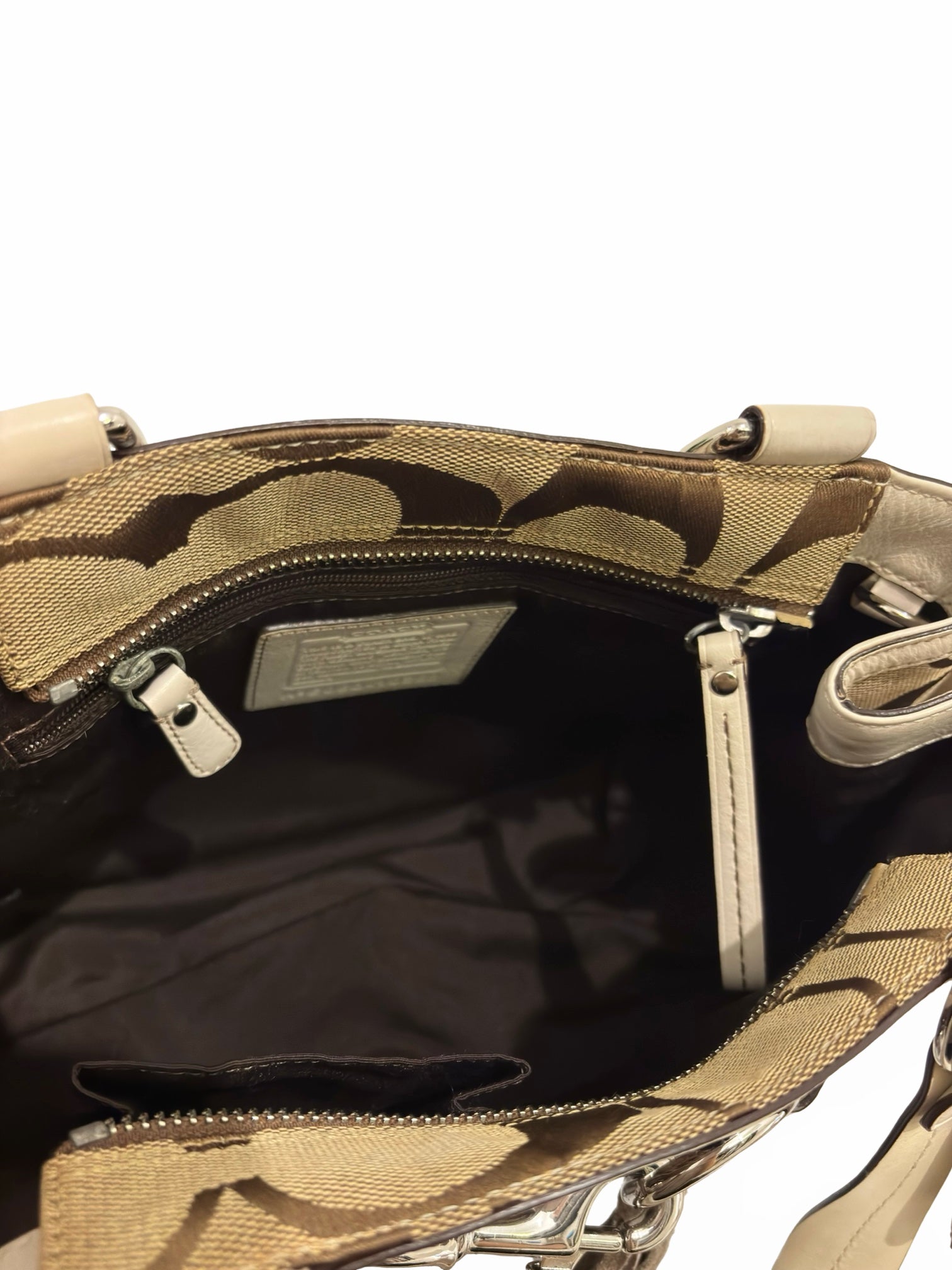 Coach Hampton Brown / White Canvas & Leather Signature Python Tassle Vintage Tote Shoulder Bag