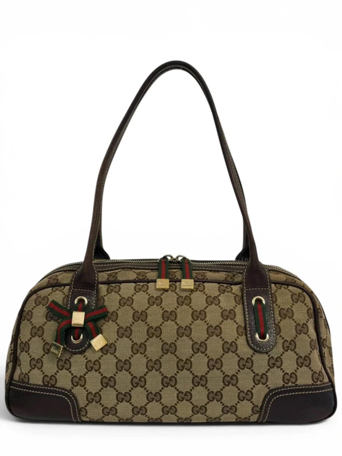 Gucci GG Brown / Beige Princy Boston Canvas & Leather Ribbon Vintage Shoulder Bag