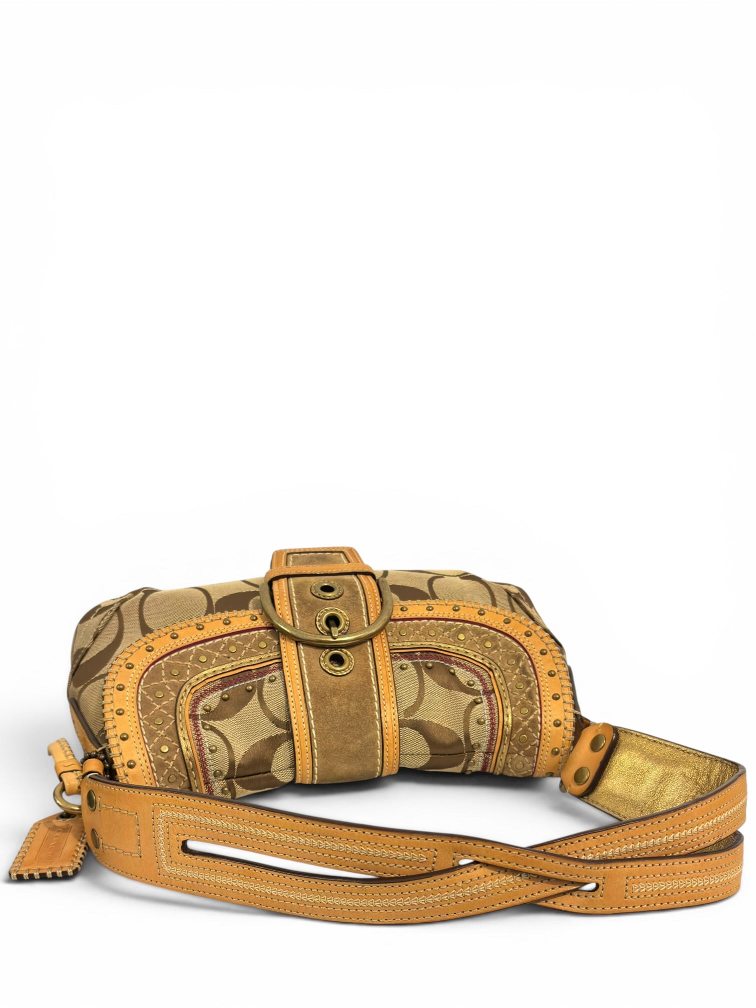 Coach Rare Signature Brown Tan Soho Studded Buckle Canvas Suede Leather Hobo Shoulder Bag