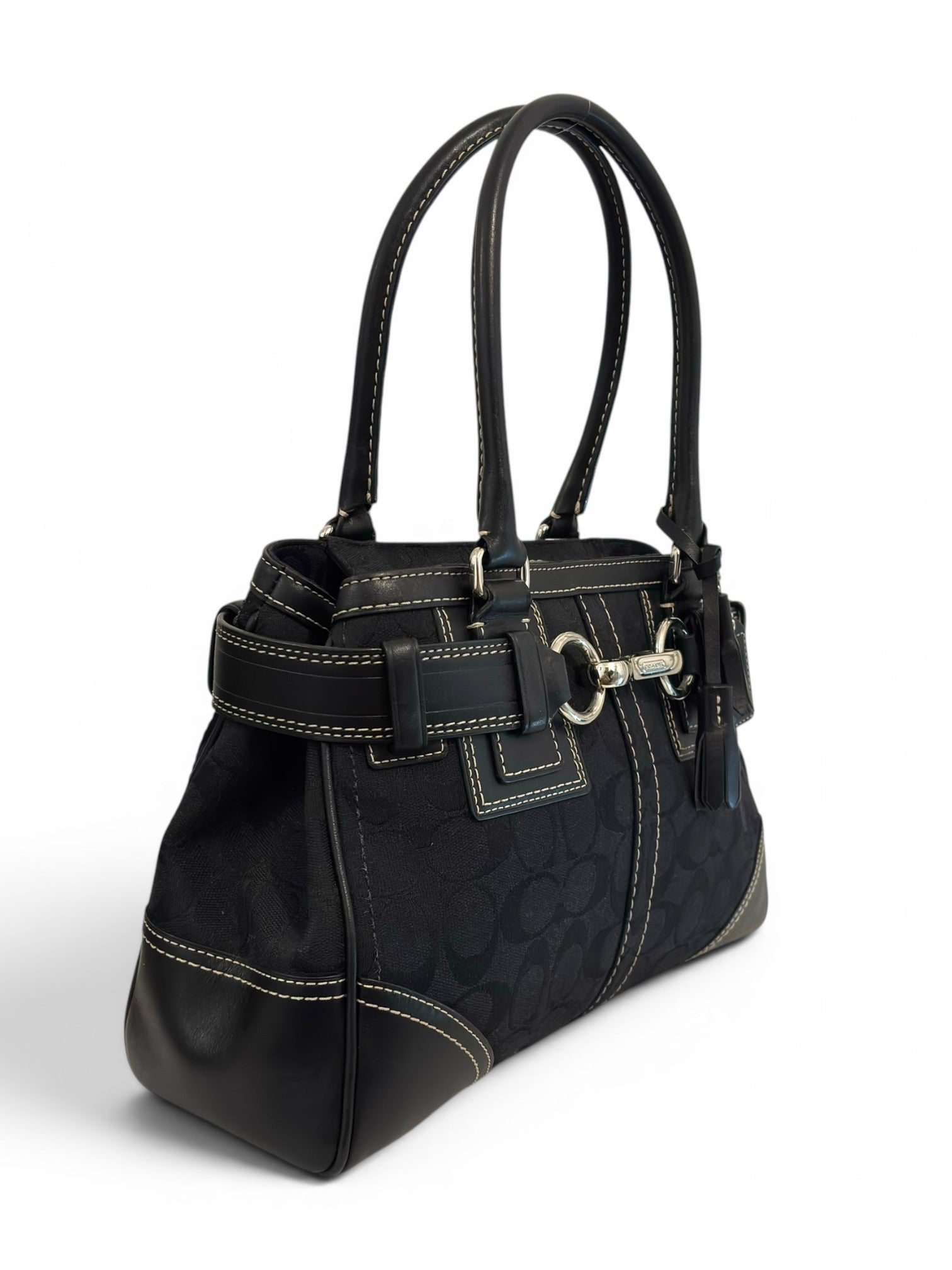Coach Black Hampton Canvas & Leather Clip Tassel
Belted Tote Shoulder Bag