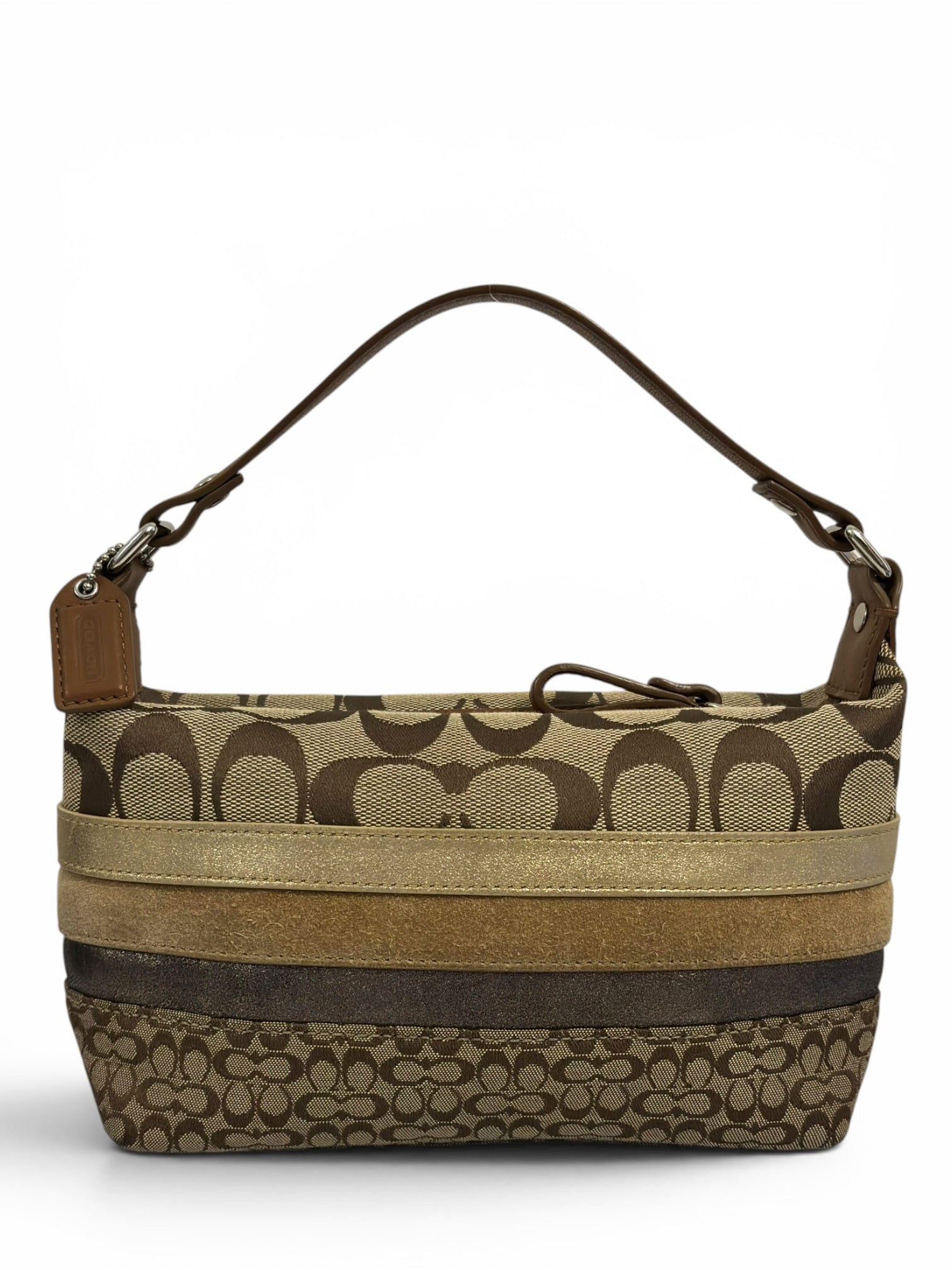Coach Rare Mini Signature Striped Patchwork Tan Brown Beige Canvas Leather & Suede Vintage
Handbag
