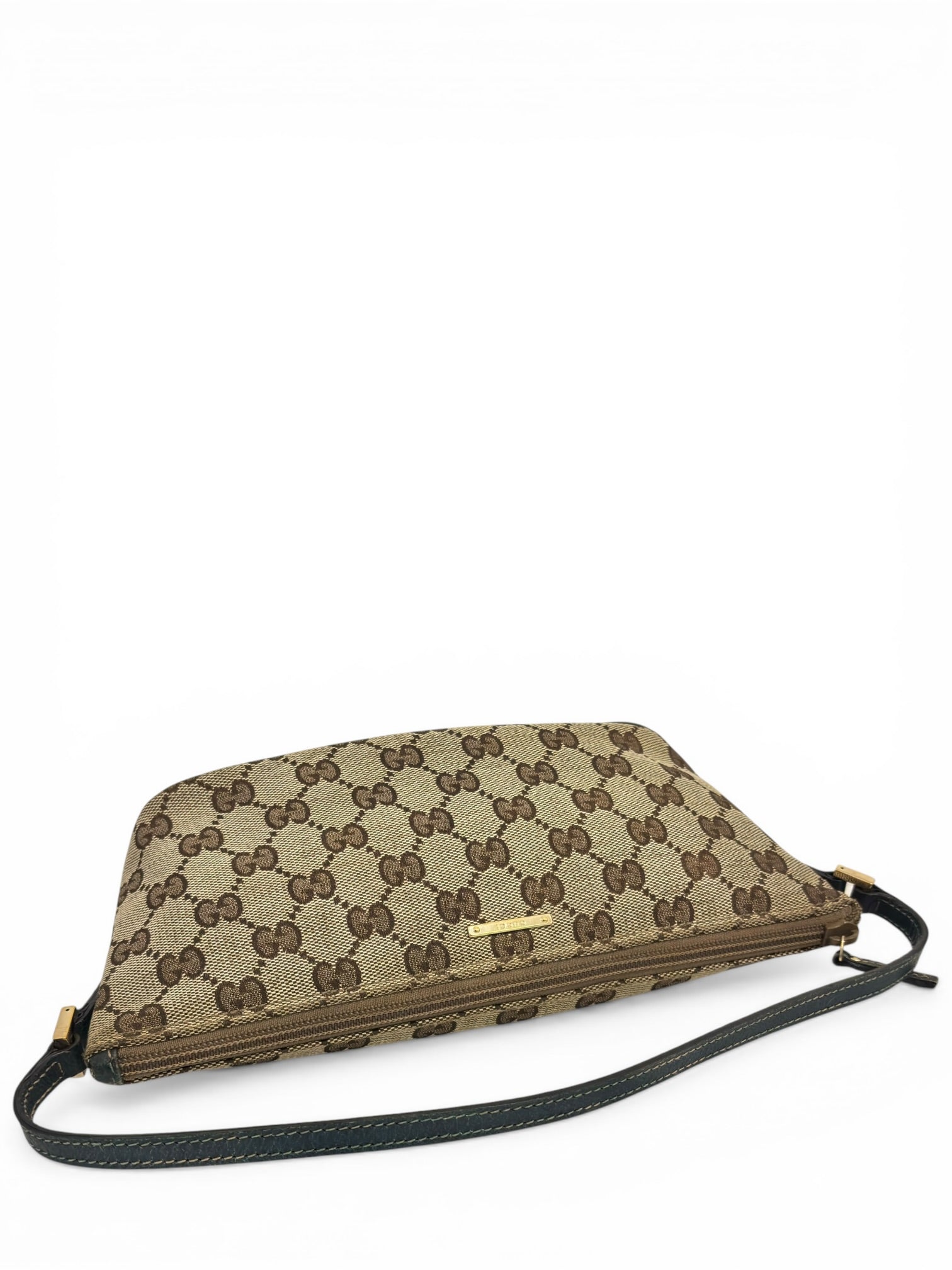 Gucci Brown Beige Canvas & Dark Blue Leather Pochette Boat Shoulder Bag