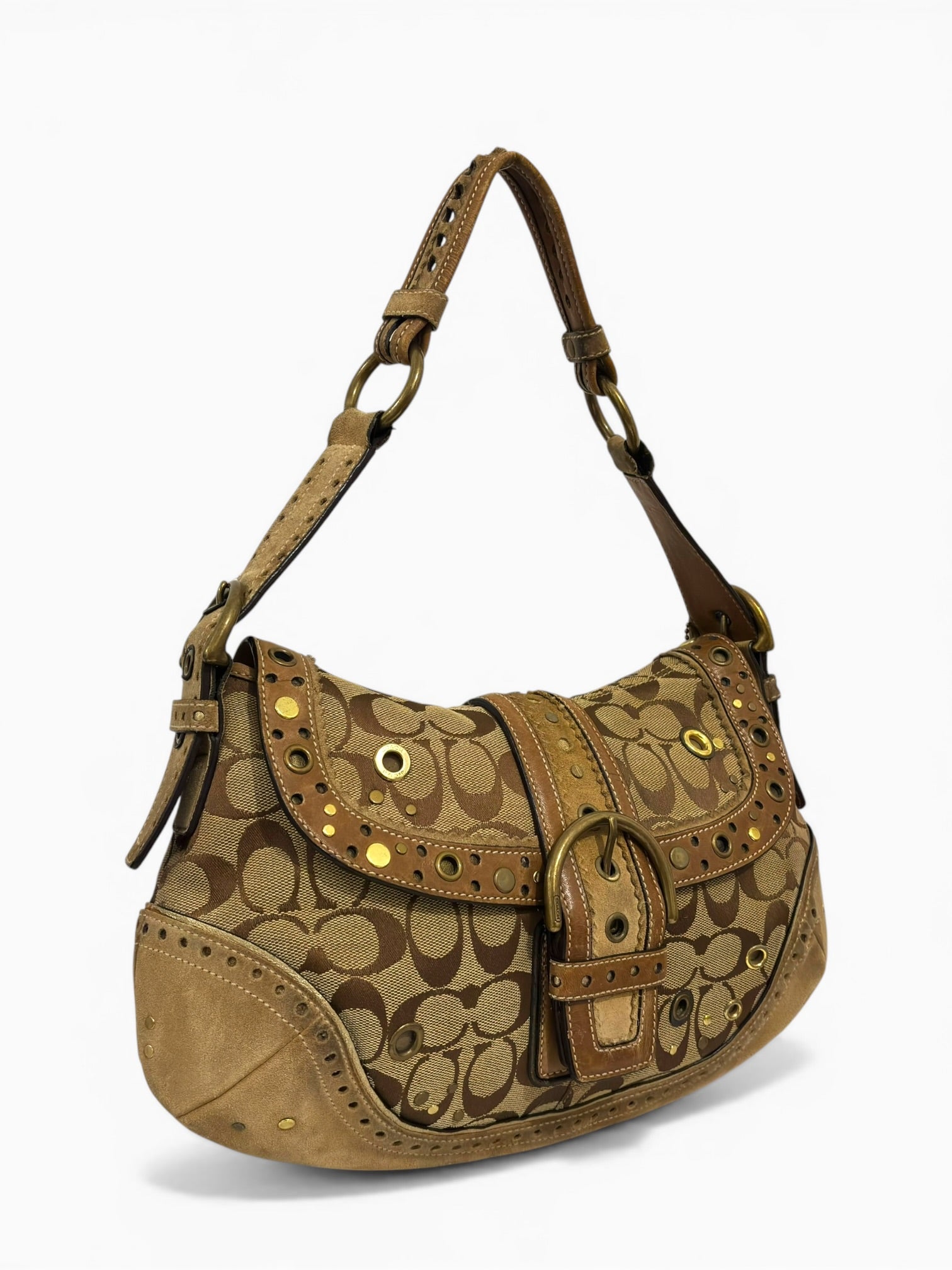 Coach Rare Soho Brown Beige Signature Studded Suede & Leather Rivet Hobo Shoulder Bag