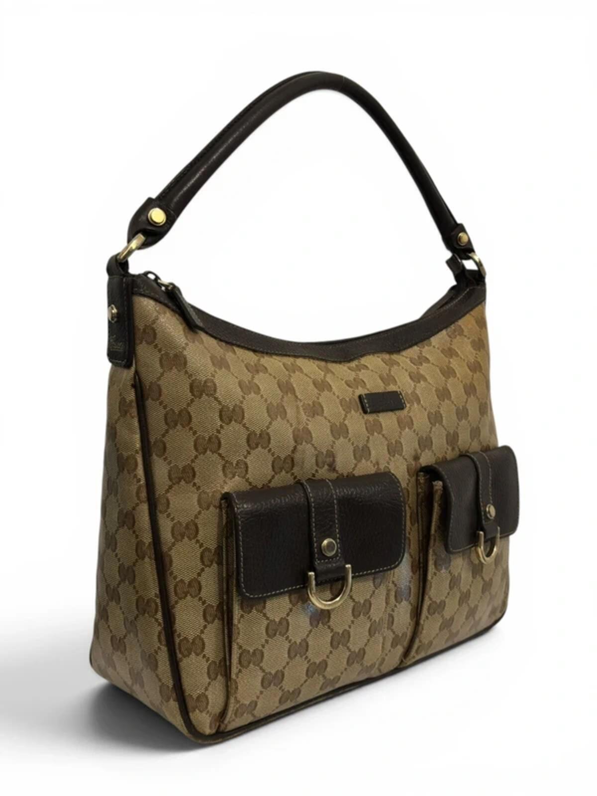 Gucci GG Abbey Crystal Brown & Beige Coated Canvas & Leather Vintage Shoulder Bag