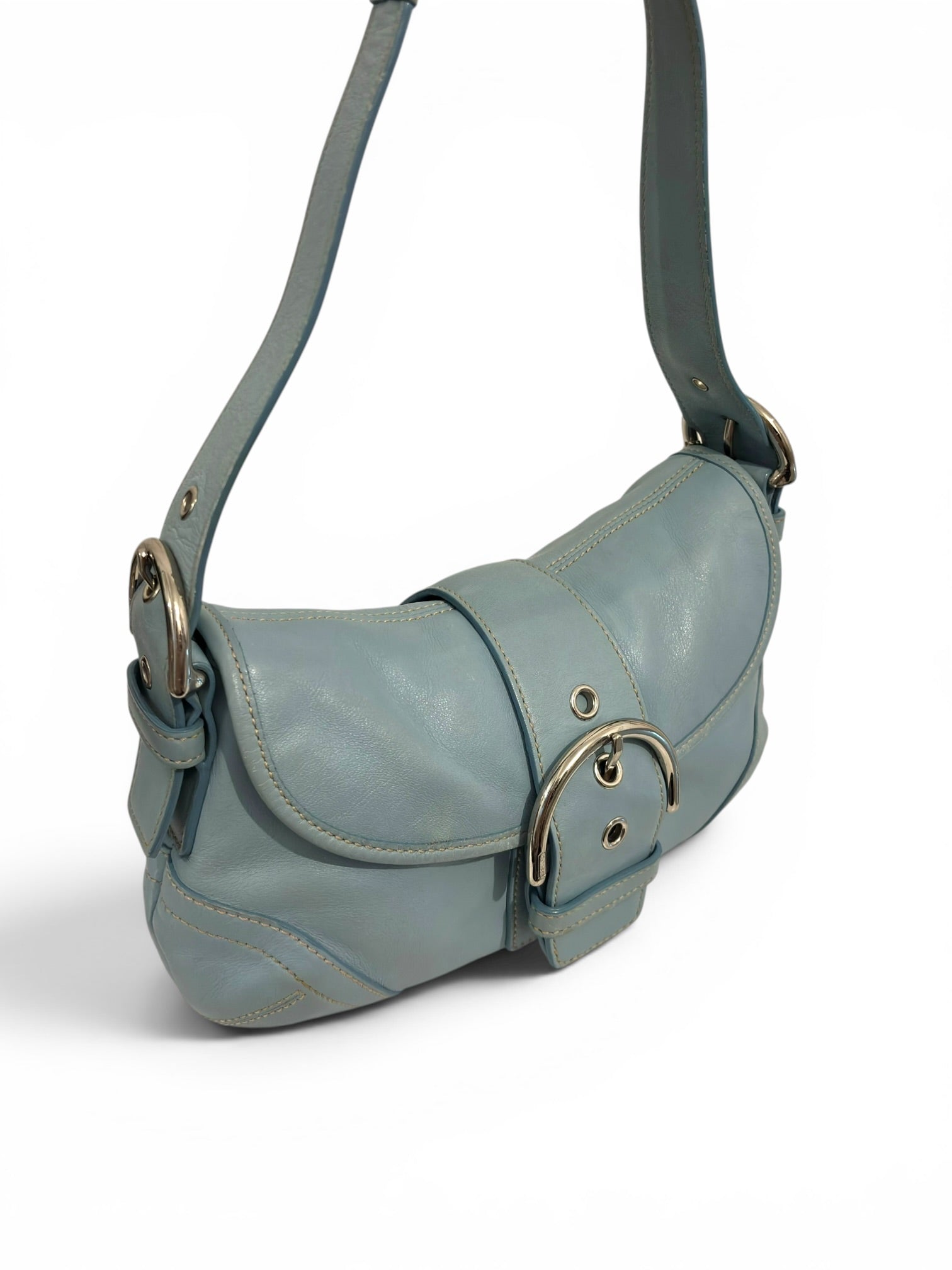 Coach Baby / Sky Blue Soft Leather Soho Buckle
Flap Vintage Hobo Shoulder Bag