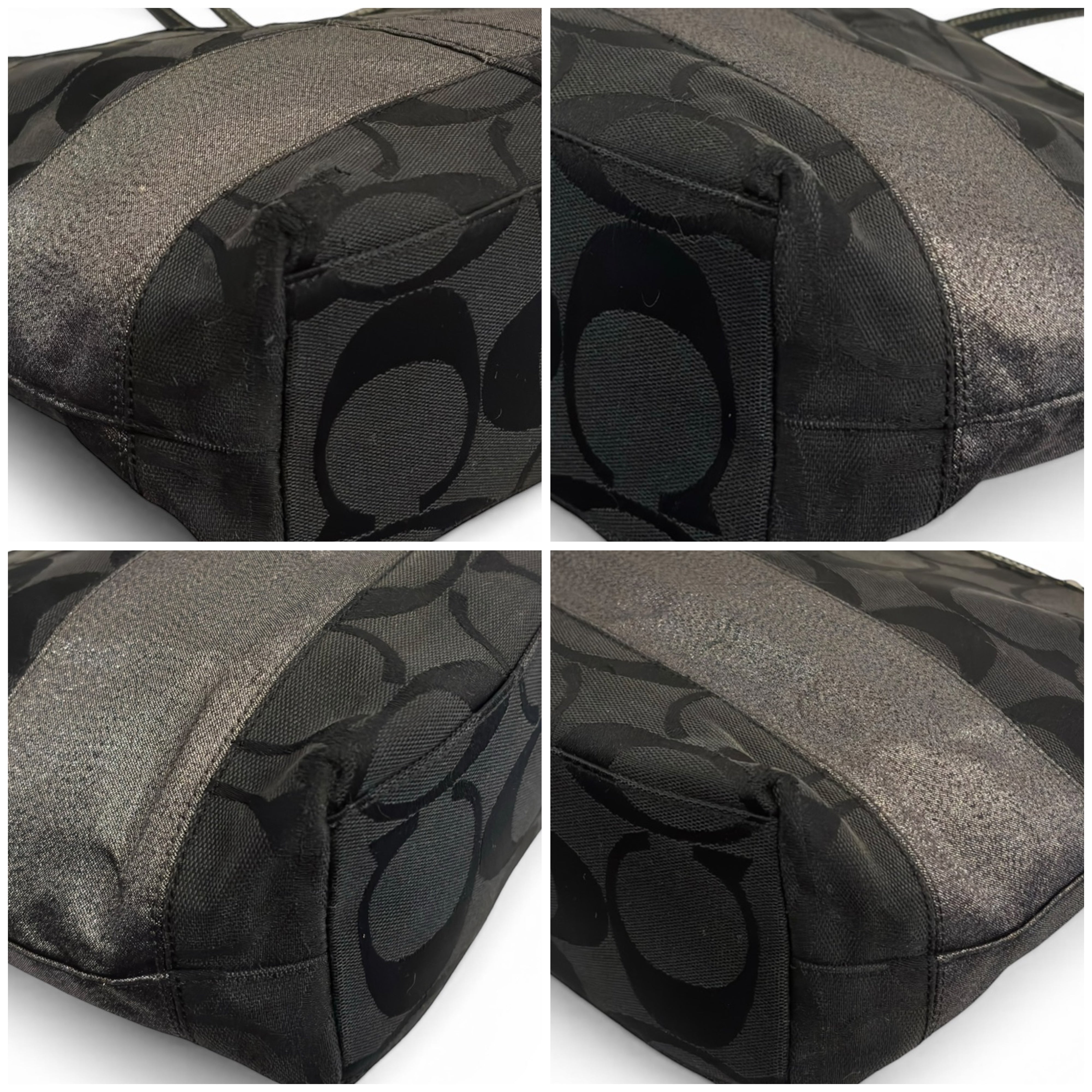 Coach Black Signature Metallic Stripe Canvas & Leather Tote Shoulder Bag