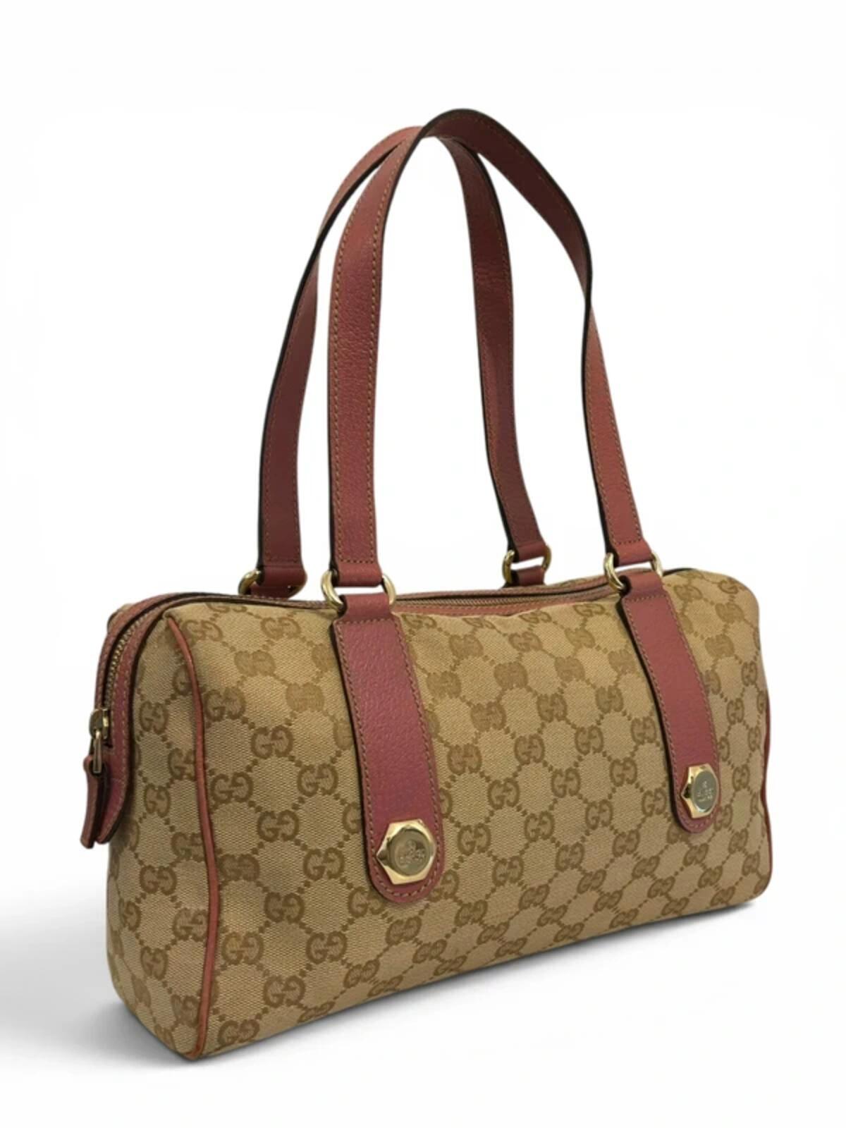 Gucci GG Brown / Beige & Pink Charmy Boston Canvas & Leather Vintage Shoulder Bag