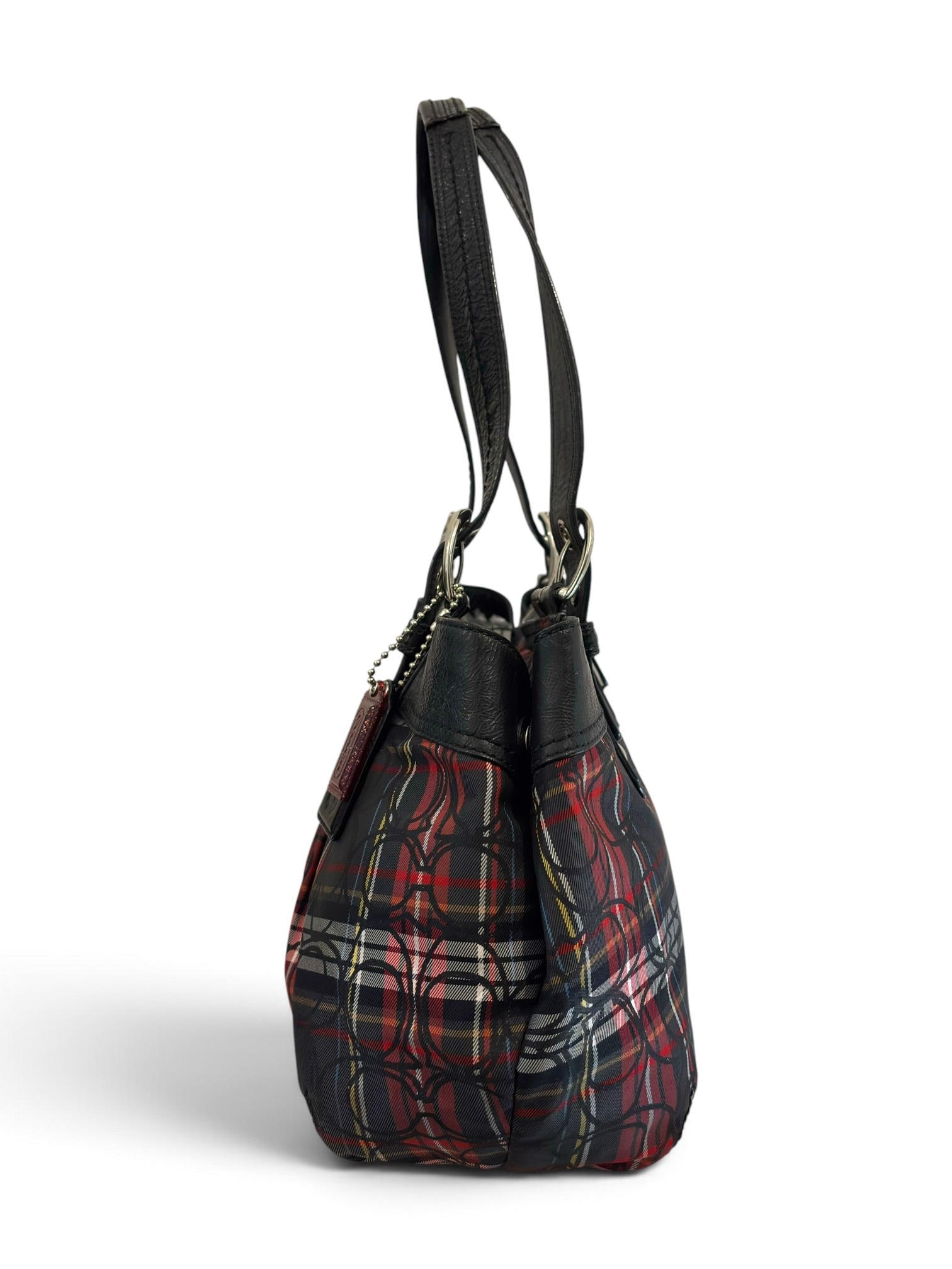 Vintage Coach Poppy Soho Tartan Plaid Op Art Tote Bag Black Leather Shoulder Handbag F15223