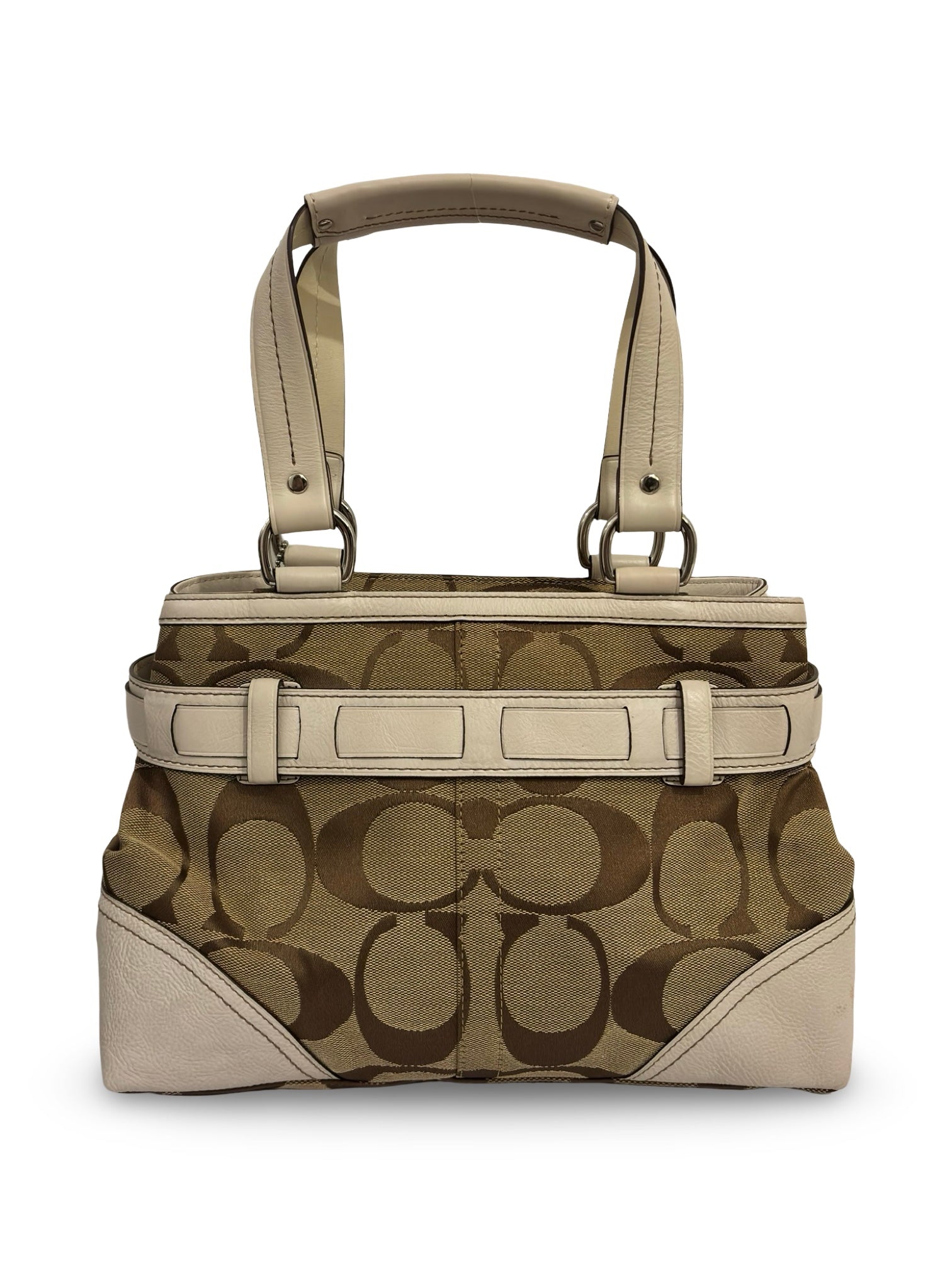 Coach Hampton Brown / White Canvas & Leather Signature Python Tassle Vintage Tote Shoulder Bag