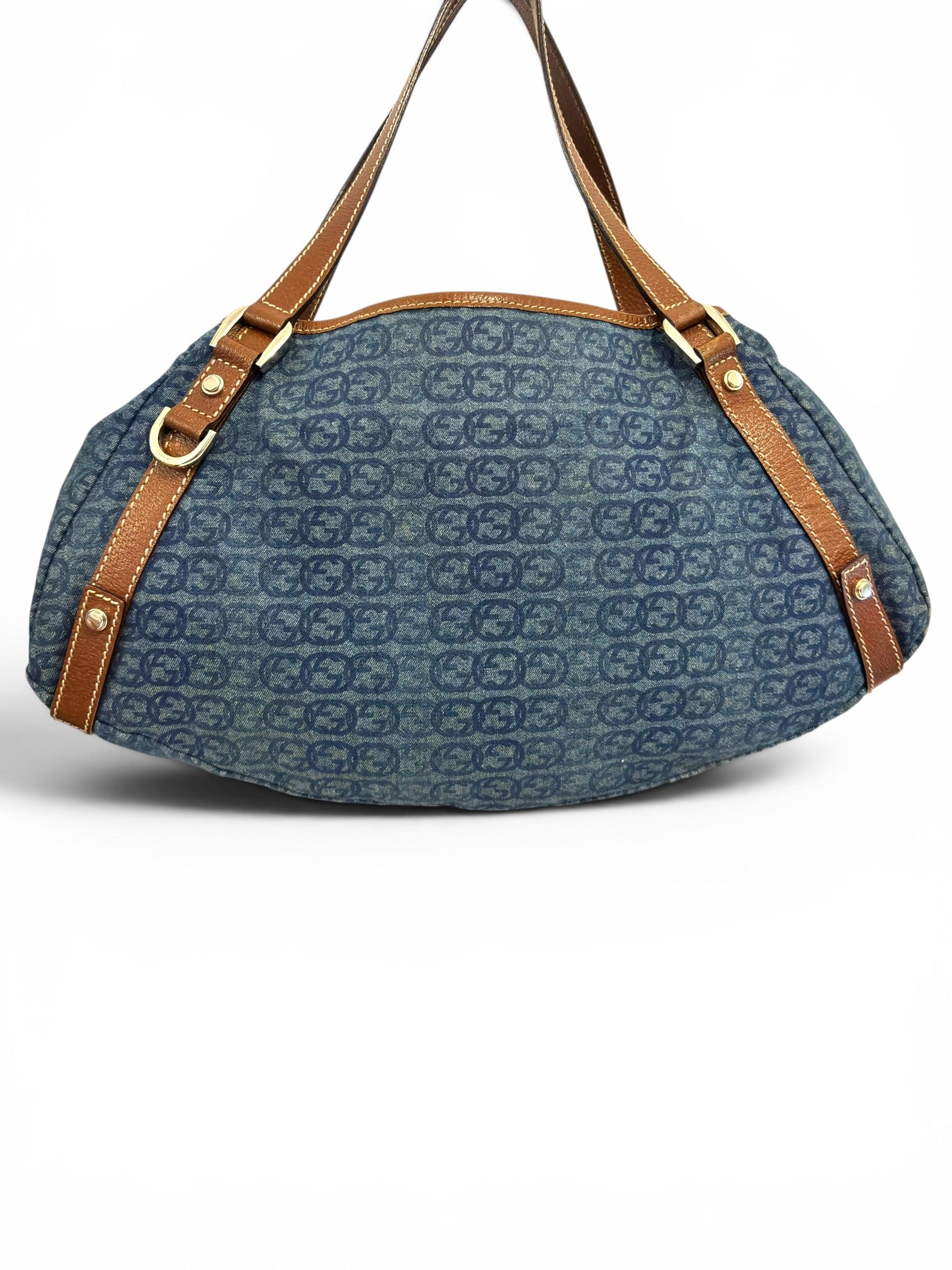 Gucci Denim Blue Abbey Interlocking G Signature Canvas & Brown Leather Tote Shoulder Bag