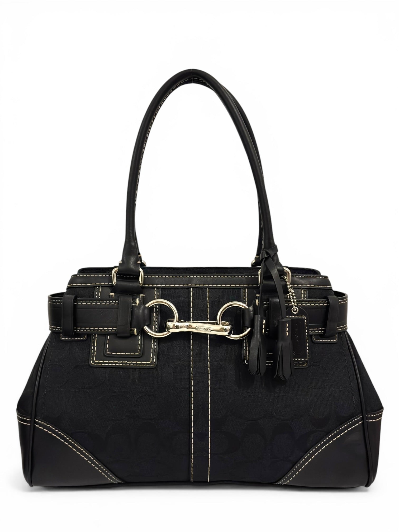 Coach Black Hampton Canvas & Leather Clip Tassel
Belted Tote Shoulder Bag