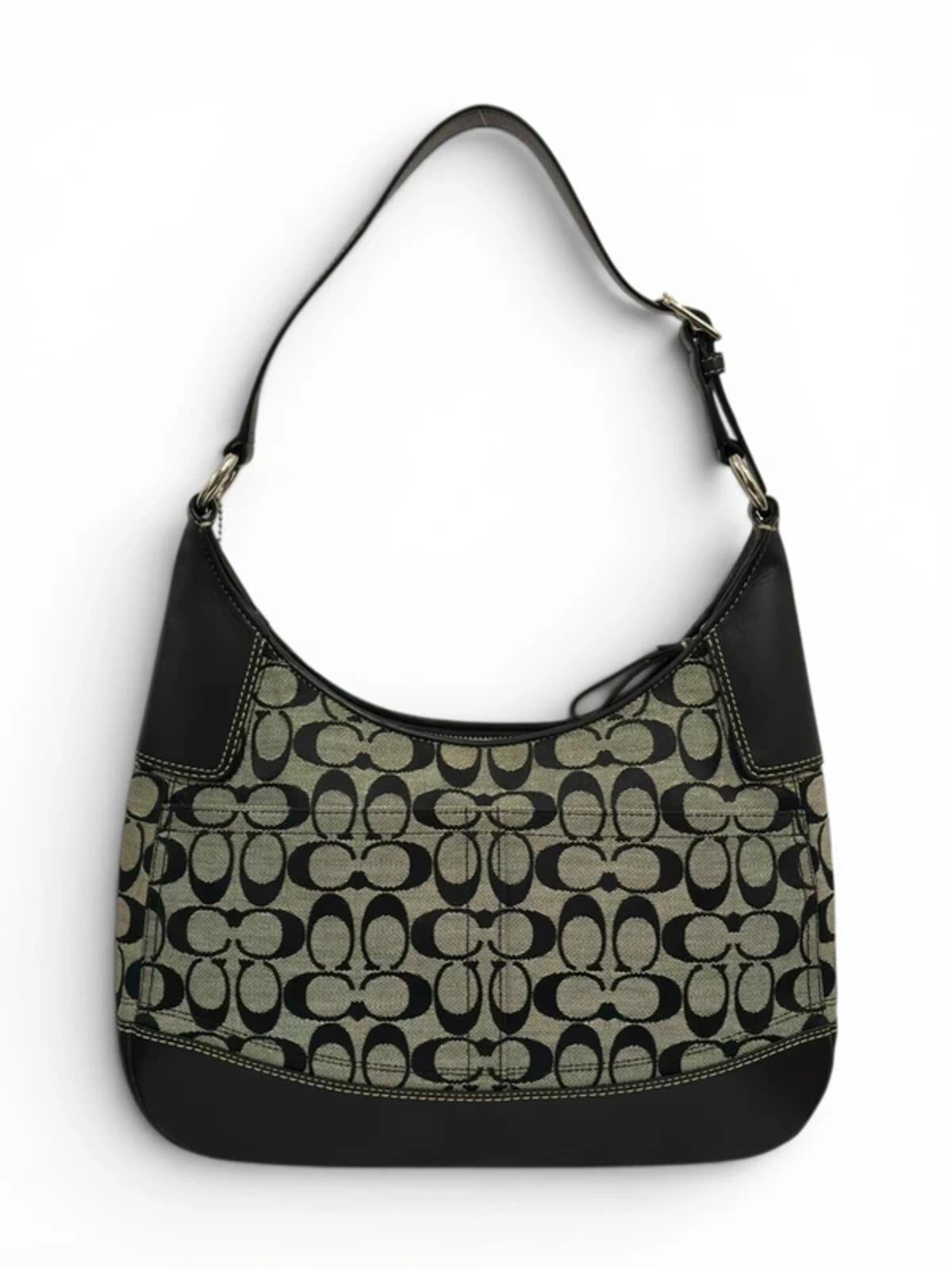Coach Hamptons Black / Grey Canvas & Leather Clip Vintage Hobo Shoulder Bag