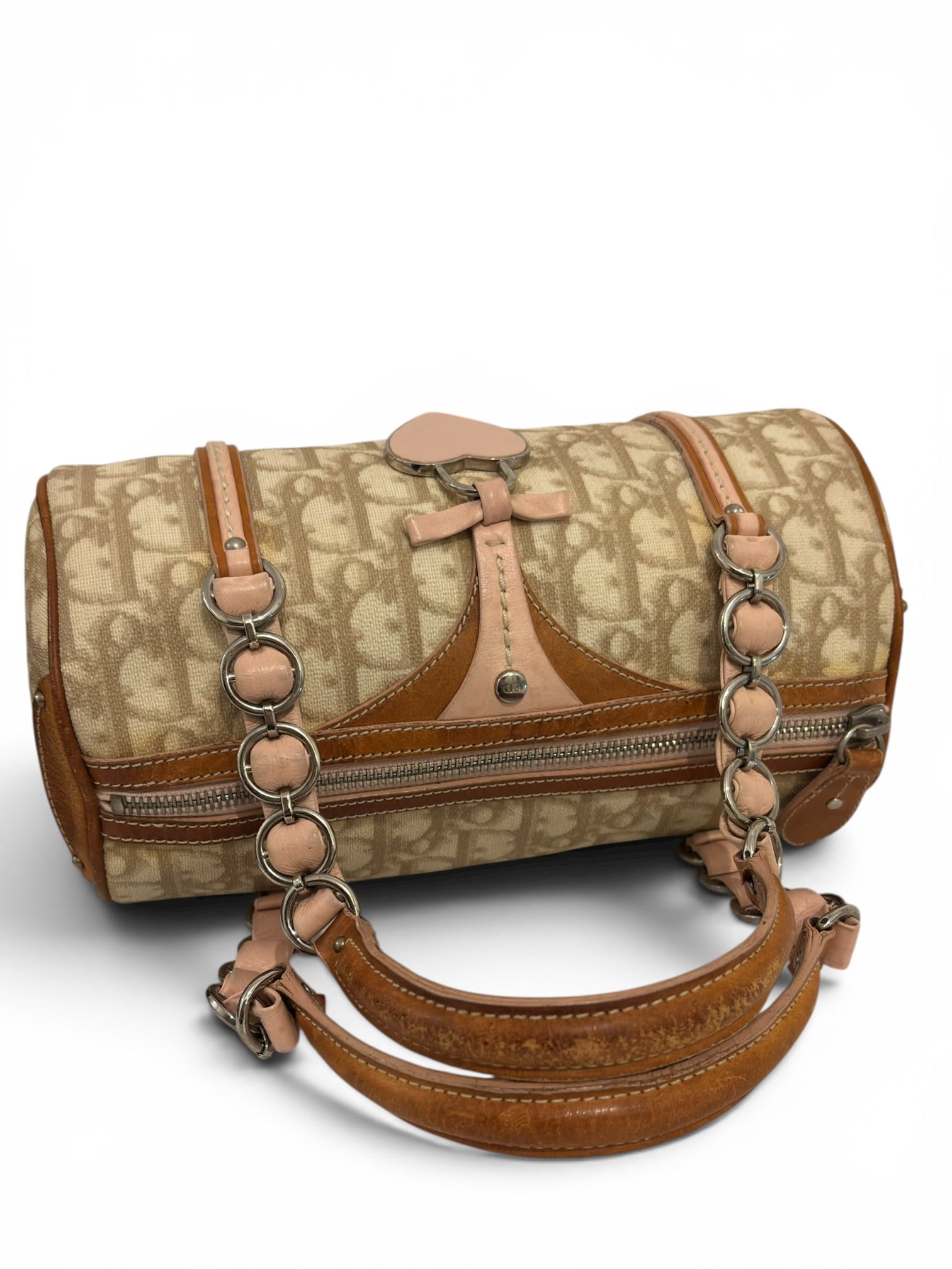 Christian Dior Rare Romantique Trotter Barrel Pink & Brown Heart Charm Galliano Vintage Shoulder Bag