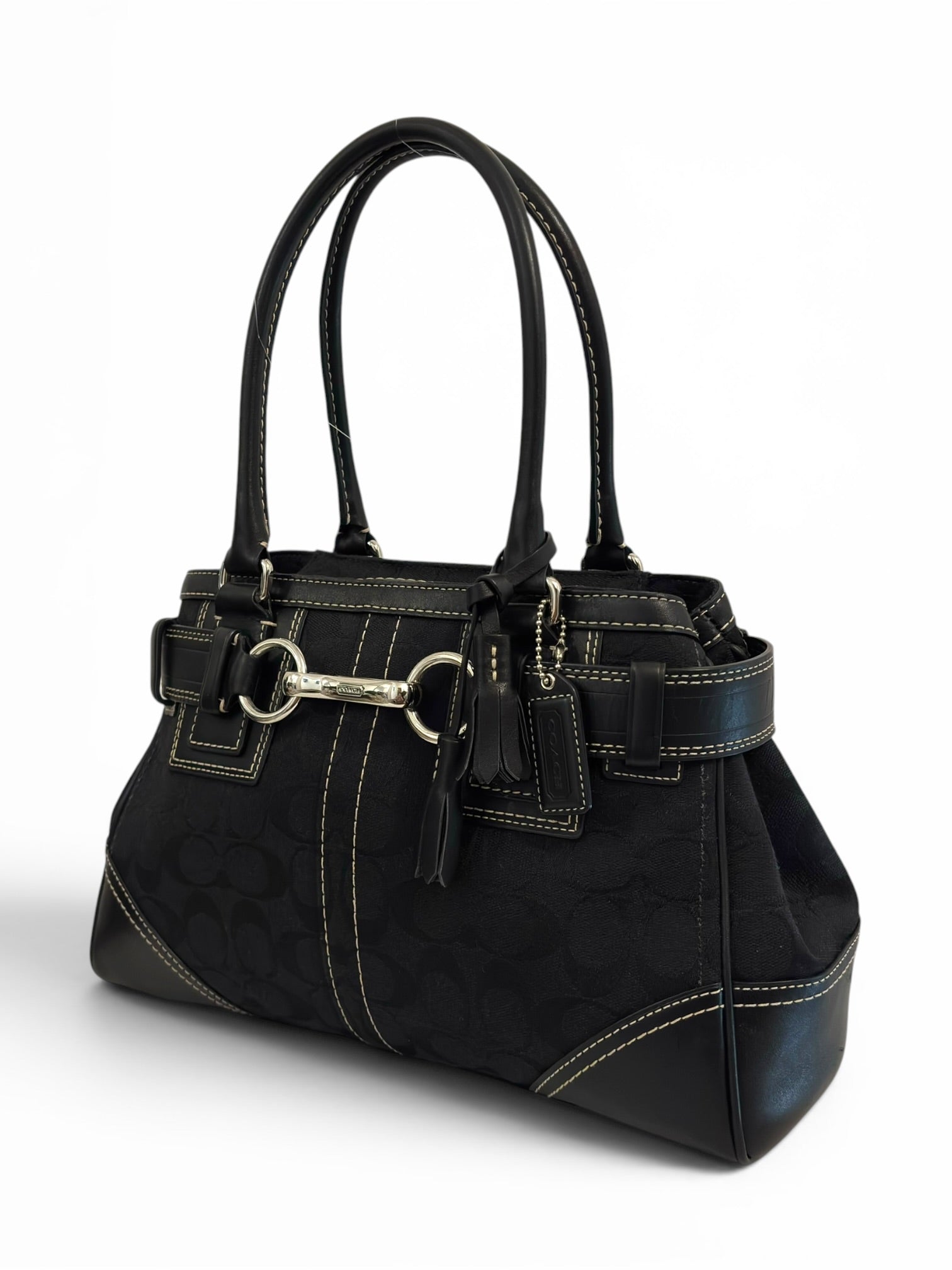 Coach Black Hampton Canvas & Leather Clip Tassel
Belted Tote Shoulder Bag