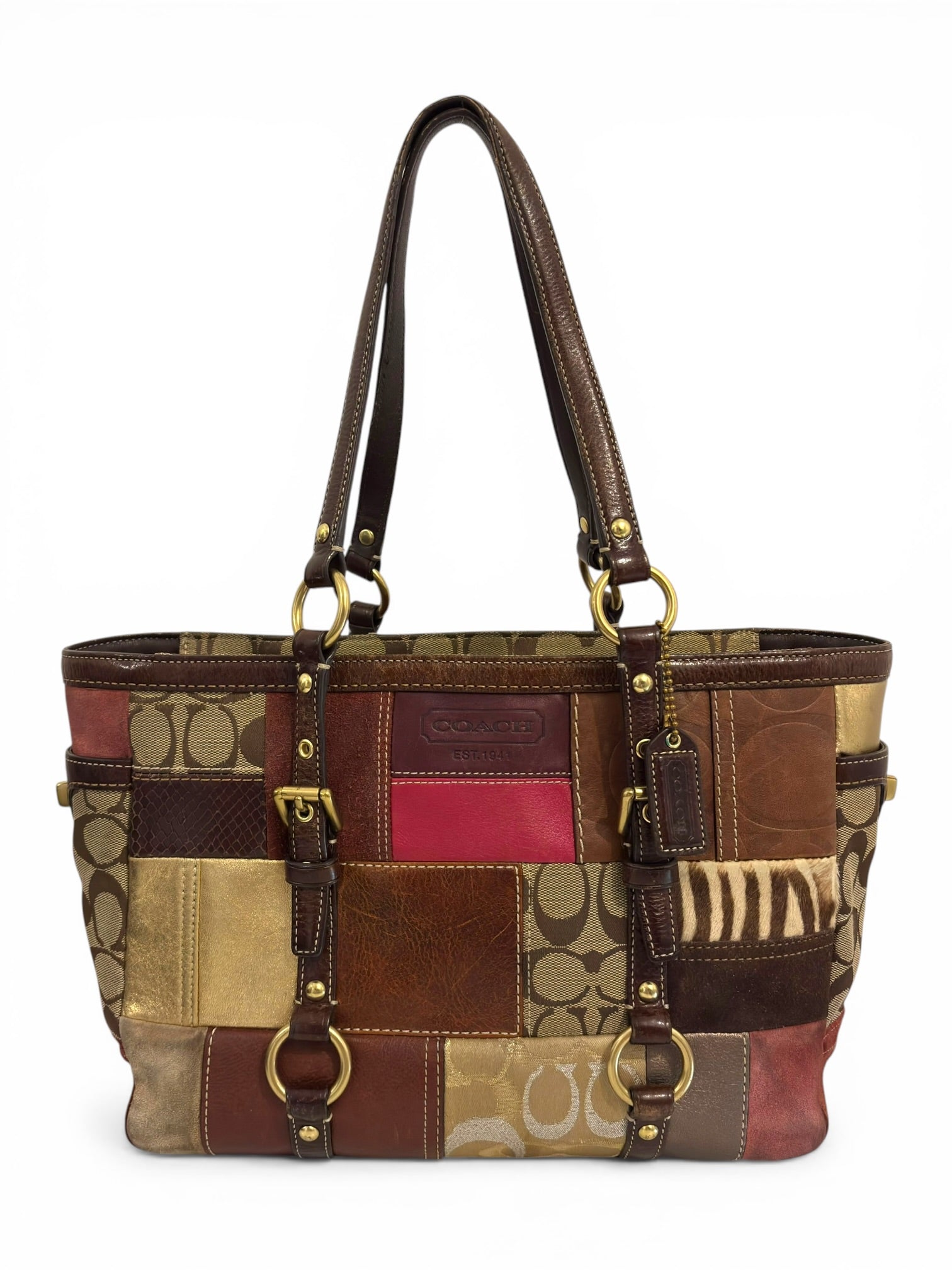 Coach Rare Limited Edition Holiday Legacy Pony Hair Patchwork Brown Red Tote Shoulder Bag