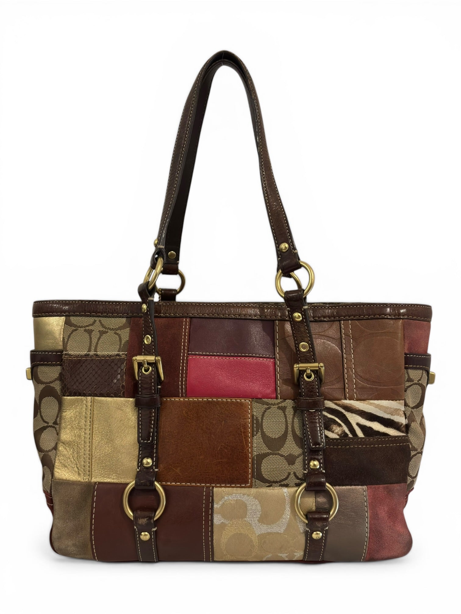 Coach Rare Limited Edition Holiday Legacy Pony Hair Patchwork Brown Red Tote Shoulder Bag
