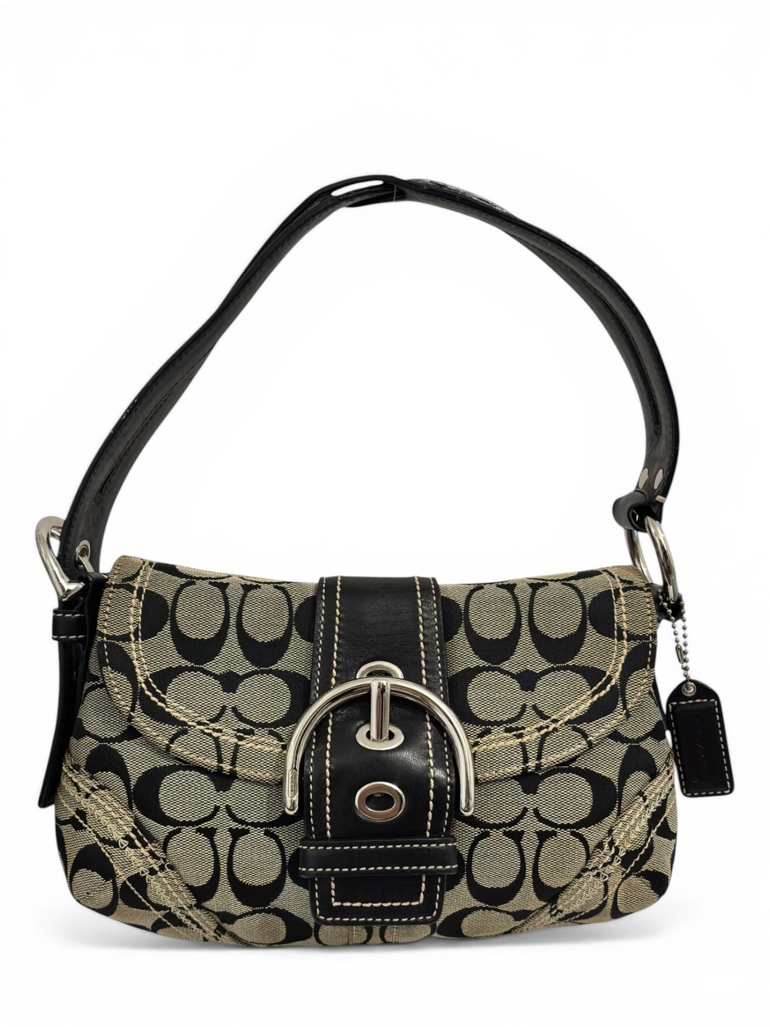 Coach Soho Signature Black & Grey Buckle Canvas & Leather Shoulder Bag