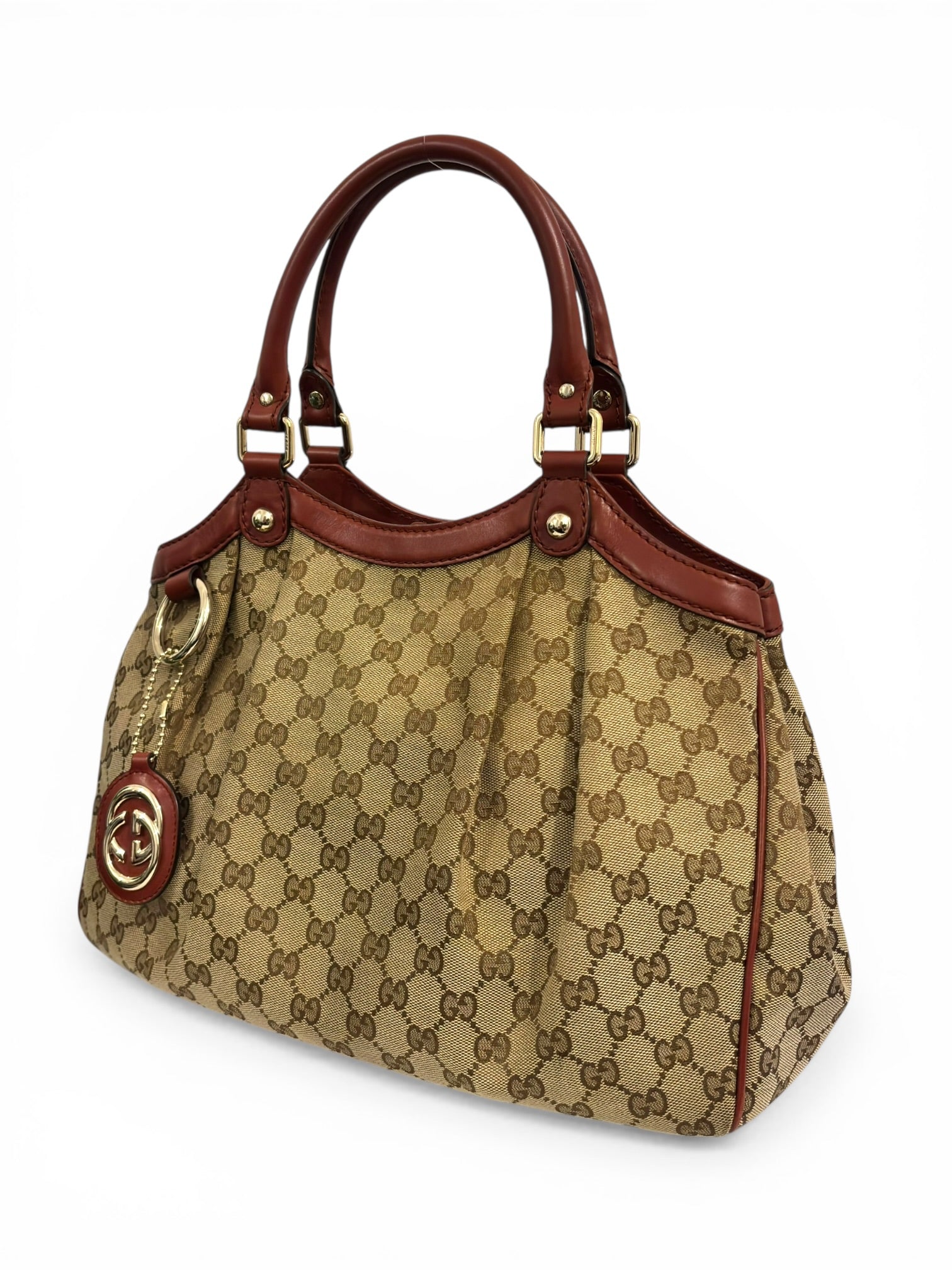 Gucci Sukey Brown & Red Leather & Canvas Monogram Tote Shoulder Bag