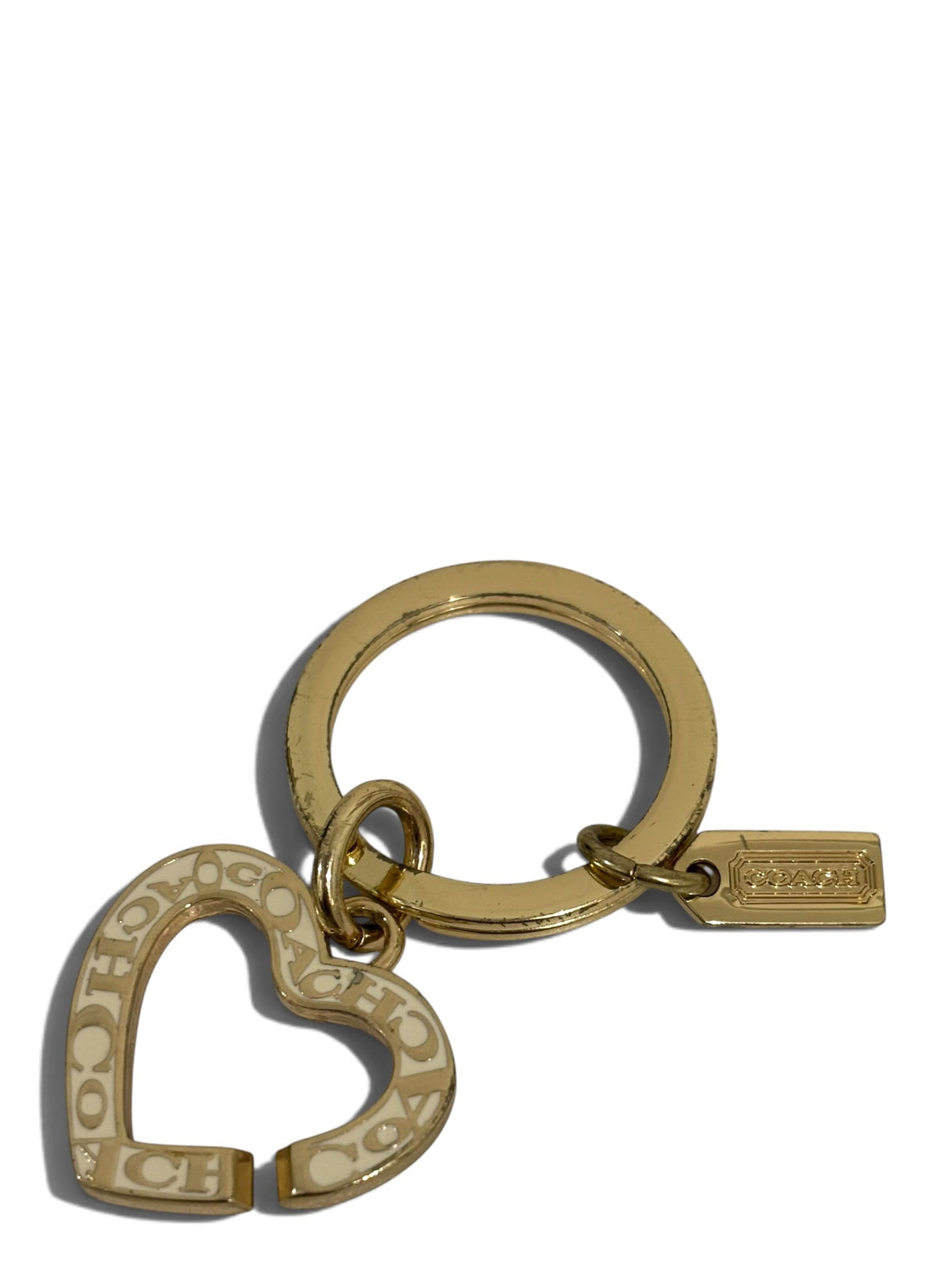 Pre-Owned Coach Heart Bag Charm Keyring Gold Tone Logo Pendant
