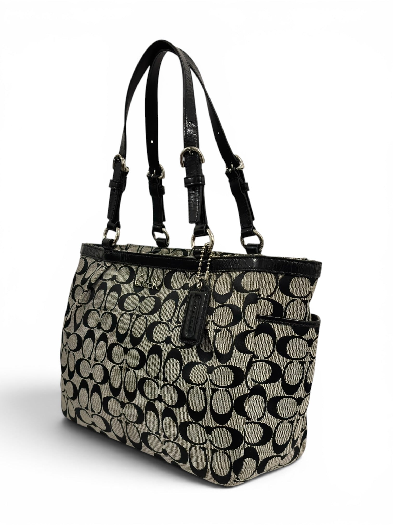 Coach Signature Black & Grey / Khaki Gallery East West Pleated Tote Shoulder Bag