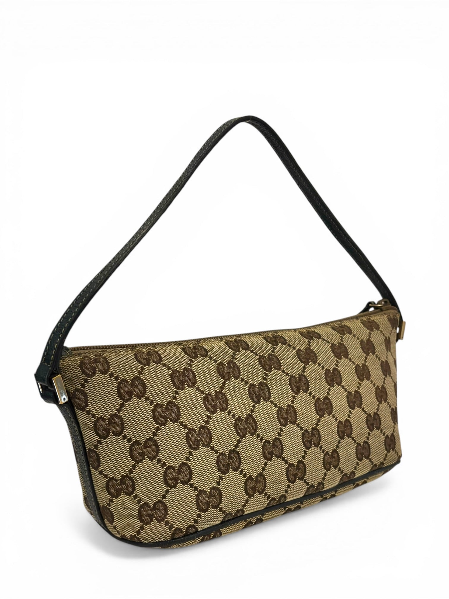 Gucci Brown Beige Canvas & Dark Blue Leather Pochette Boat Shoulder Bag