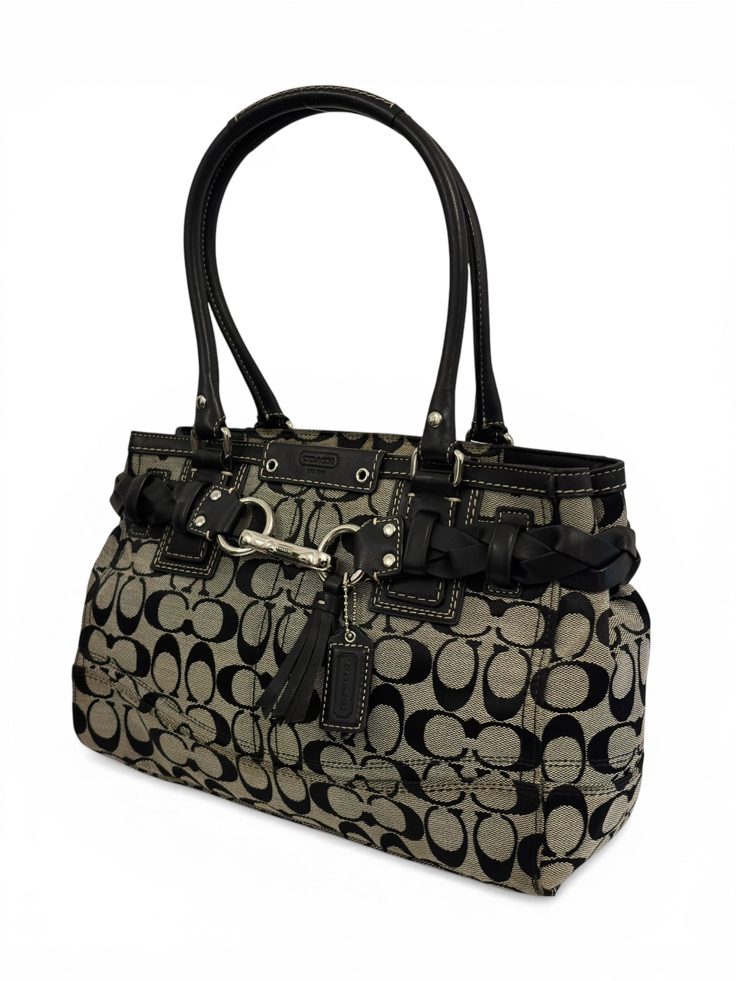Coach Black & Grey Hampton Clip Braided Vintage Canvas & Leather Tote Shoulder Bag