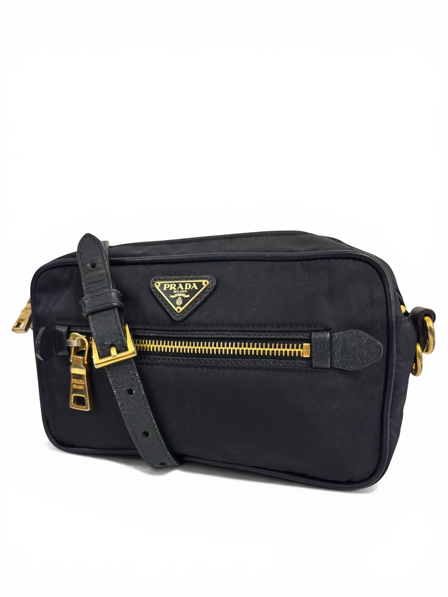 Prada Tessuto Navy Blue Nylon & Saffiano Leather Front Pocket Vintage Crossbody Camera Bag