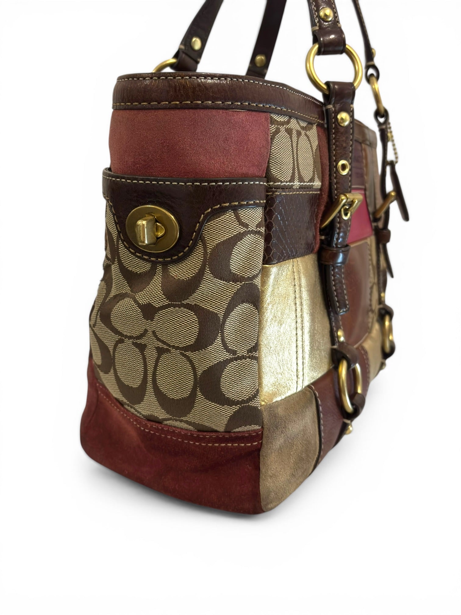 Coach Rare Limited Edition Holiday Legacy Pony Hair Patchwork Brown Red Tote Shoulder Bag