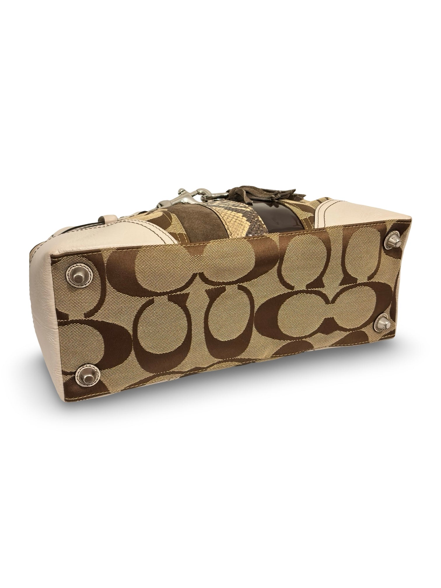 Coach Hampton Brown / White Canvas & Leather Signature Python Tassle Vintage Tote Shoulder Bag