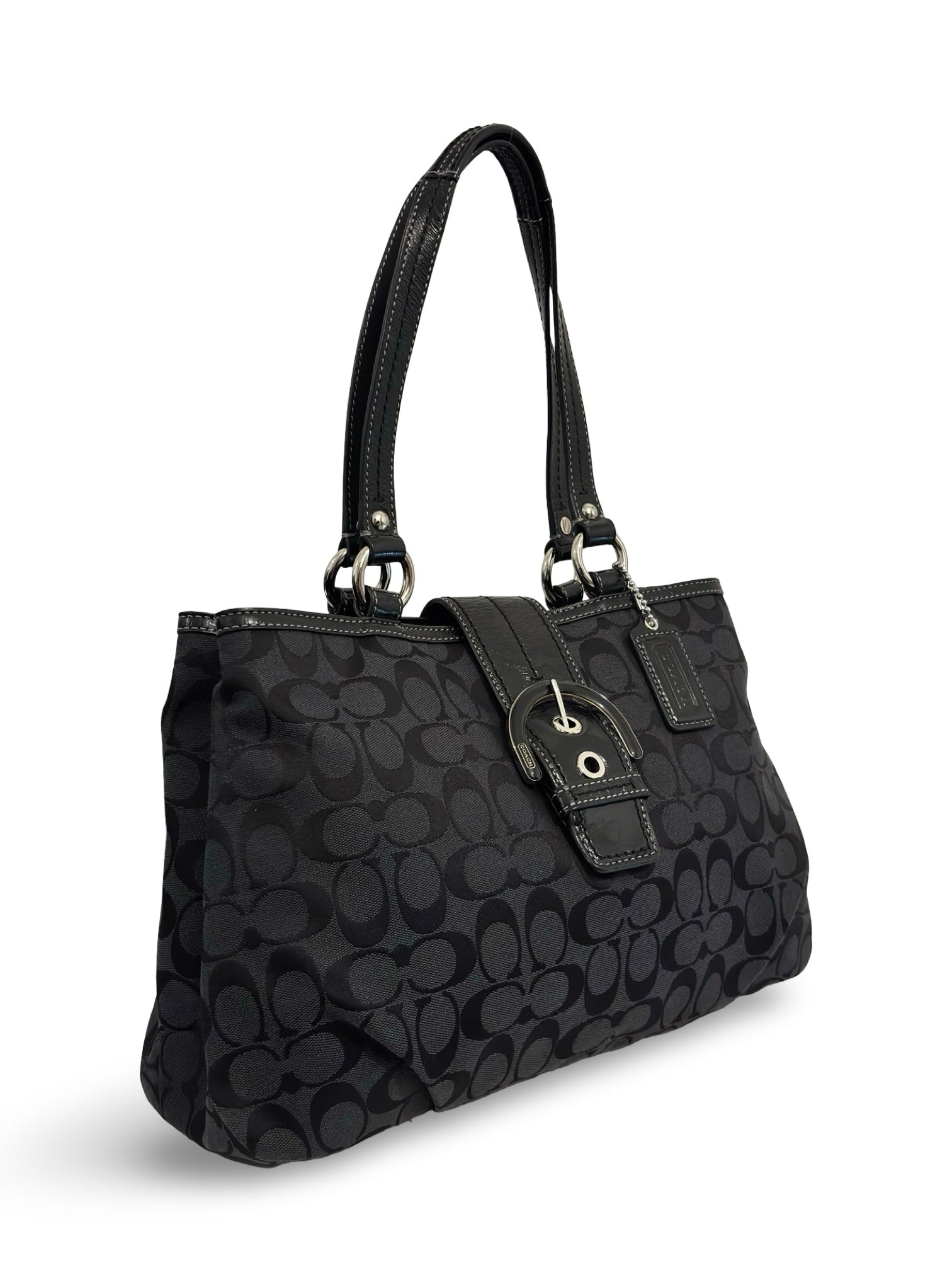 Coach Black Soho Lynn Signature Buckle Canvas & Patent Leather Tote Shoulder Bag