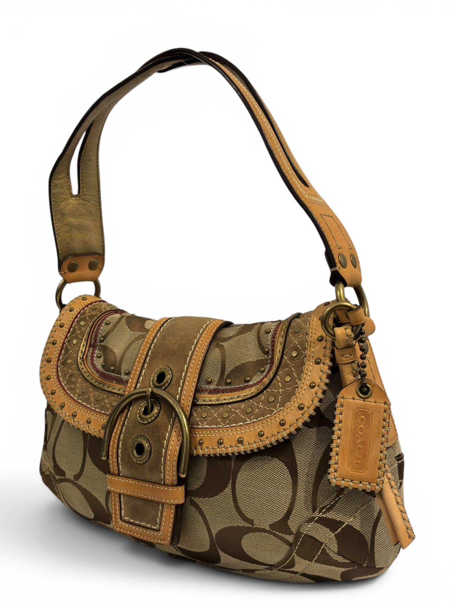 Coach Rare Signature Brown Tan Soho Studded Buckle Canvas Suede Leather Hobo Shoulder Bag