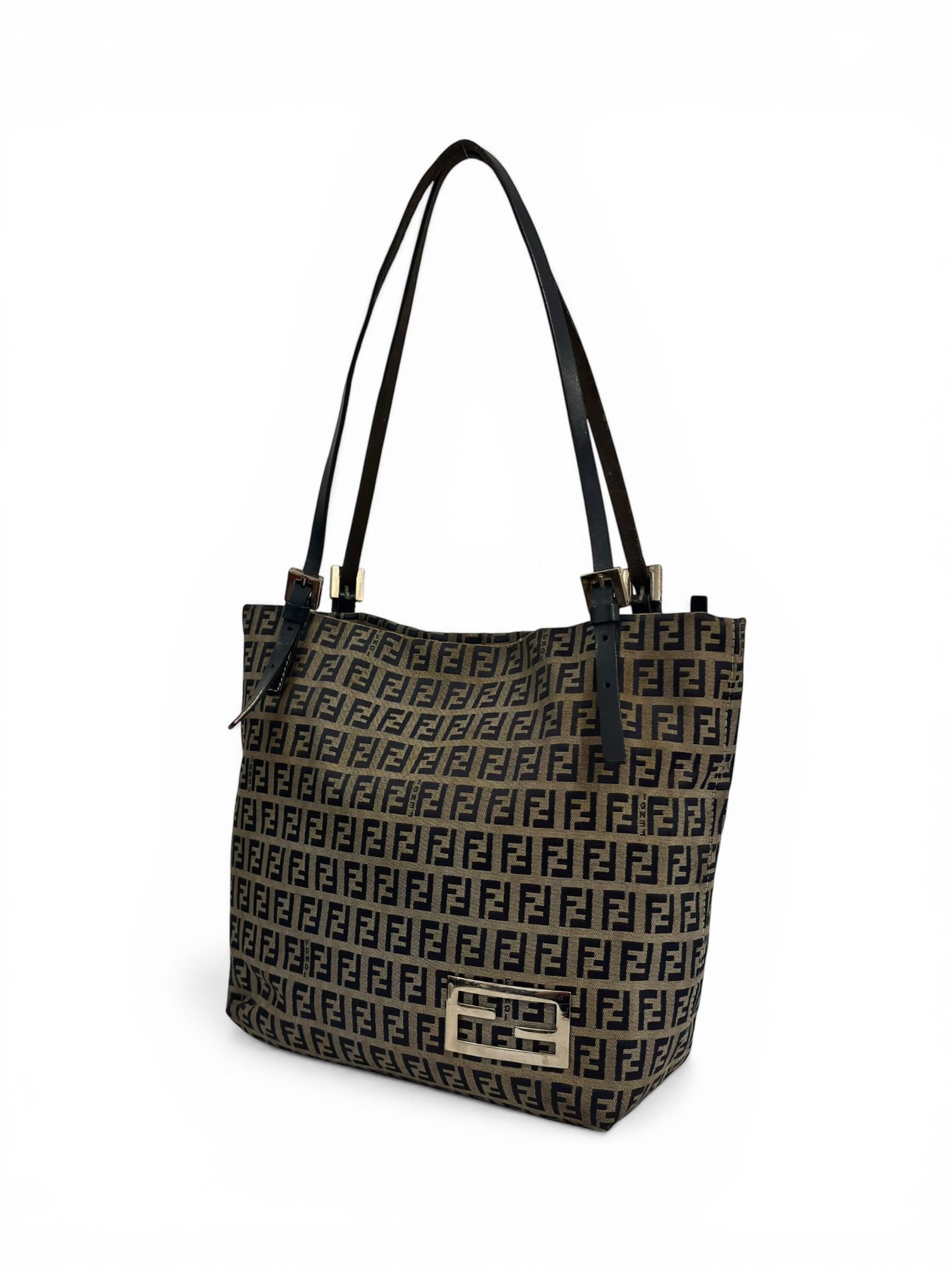 Fendi Zucchino Vitello Brown Grey Navy Monogram Zucca Vintage Tote Shoulder Bag