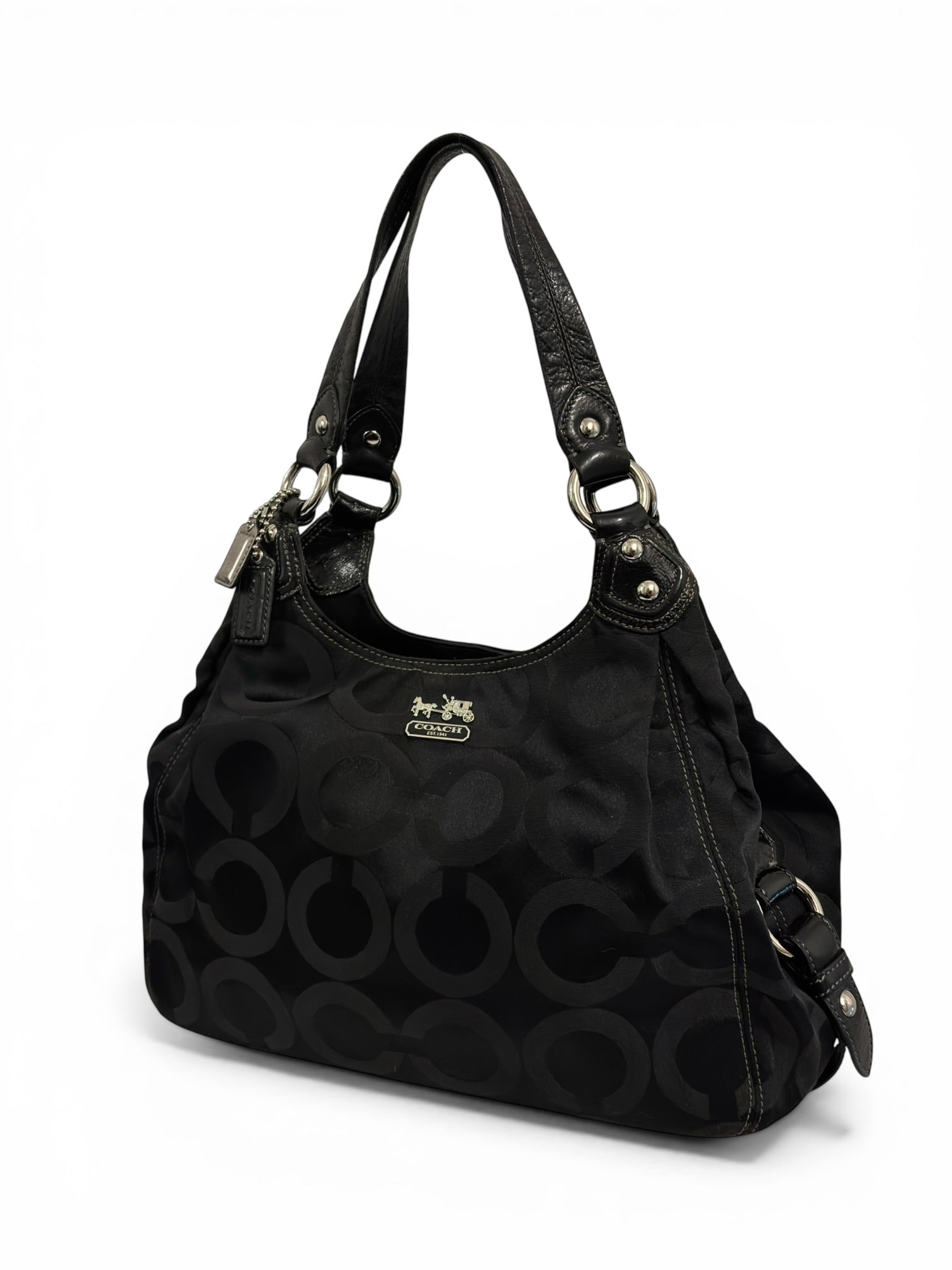 Coach Black Madison Maggie OP Art Canvas Satin & Leather Signature Shoulder Bag