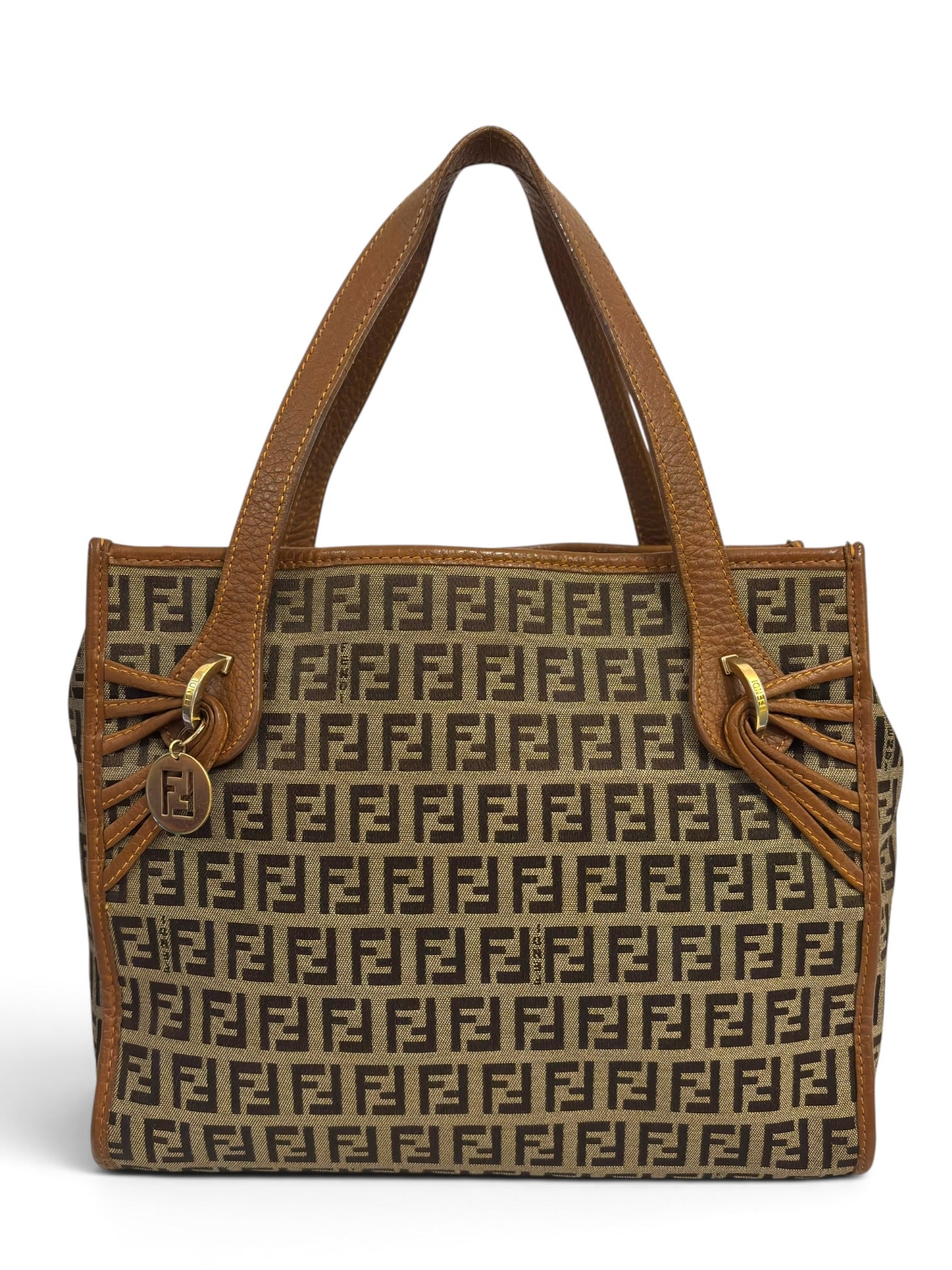 Vintage Fendi Zucchino Bag FF Canvas Tote Brown Leather Trim Shoulder Handbag