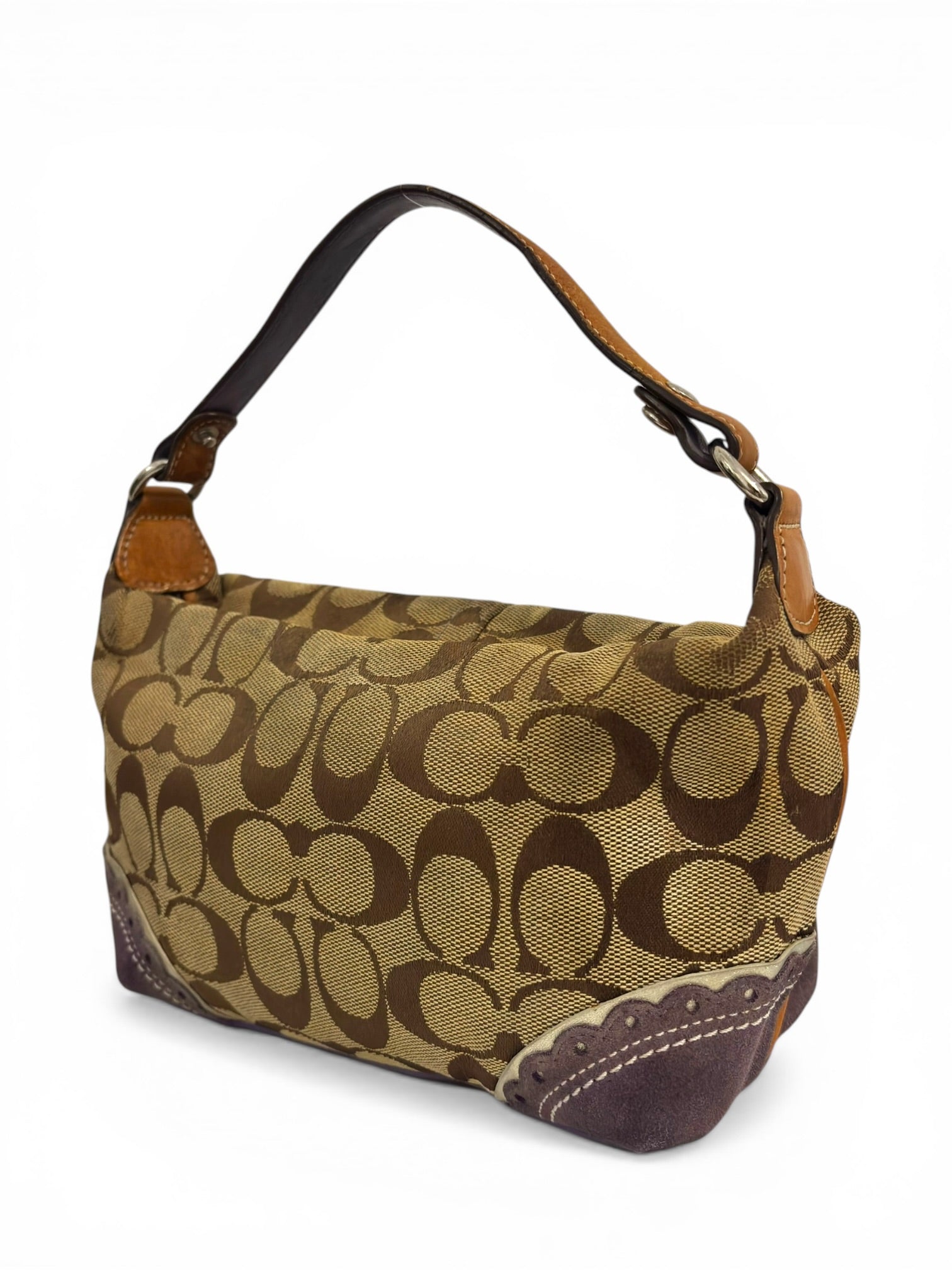 Coach Brown & Purple Suede Canvas & Leather
Baguette Shoulder Bag