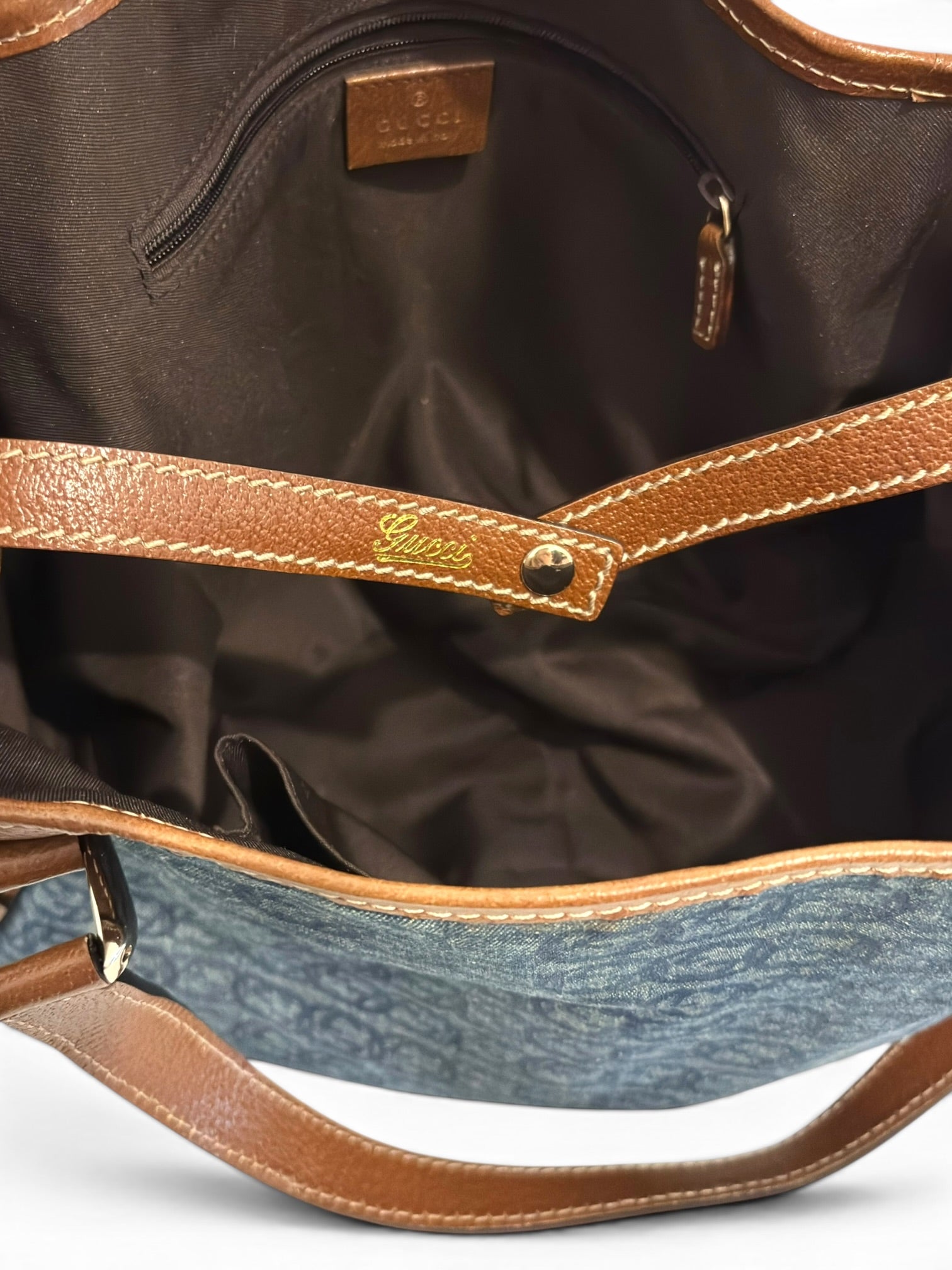 Gucci Denim Blue Abbey Interlocking G Signature Canvas & Brown Leather Tote Shoulder Bag