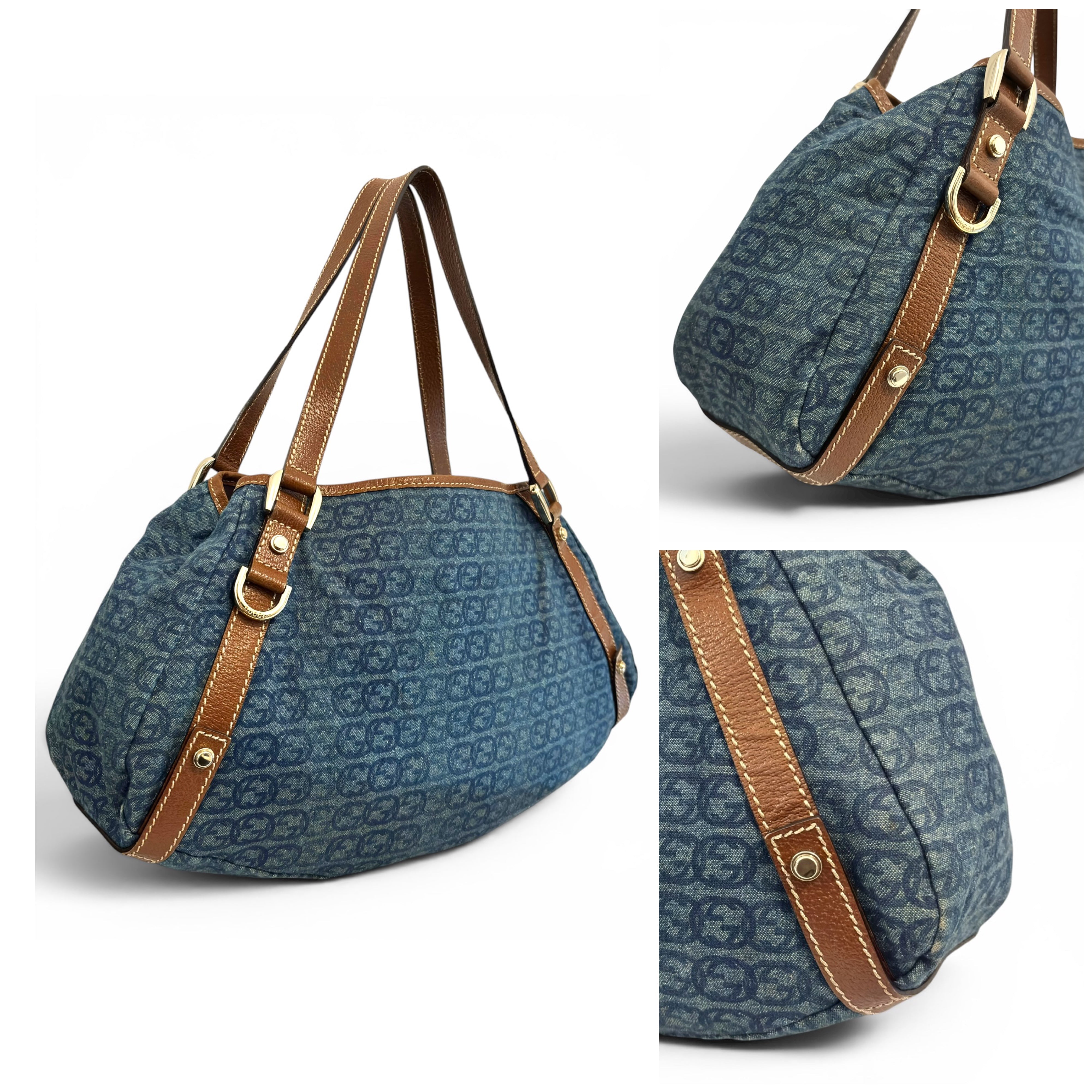 Gucci Denim Blue Abbey Interlocking G Signature Canvas & Brown Leather Tote Shoulder Bag