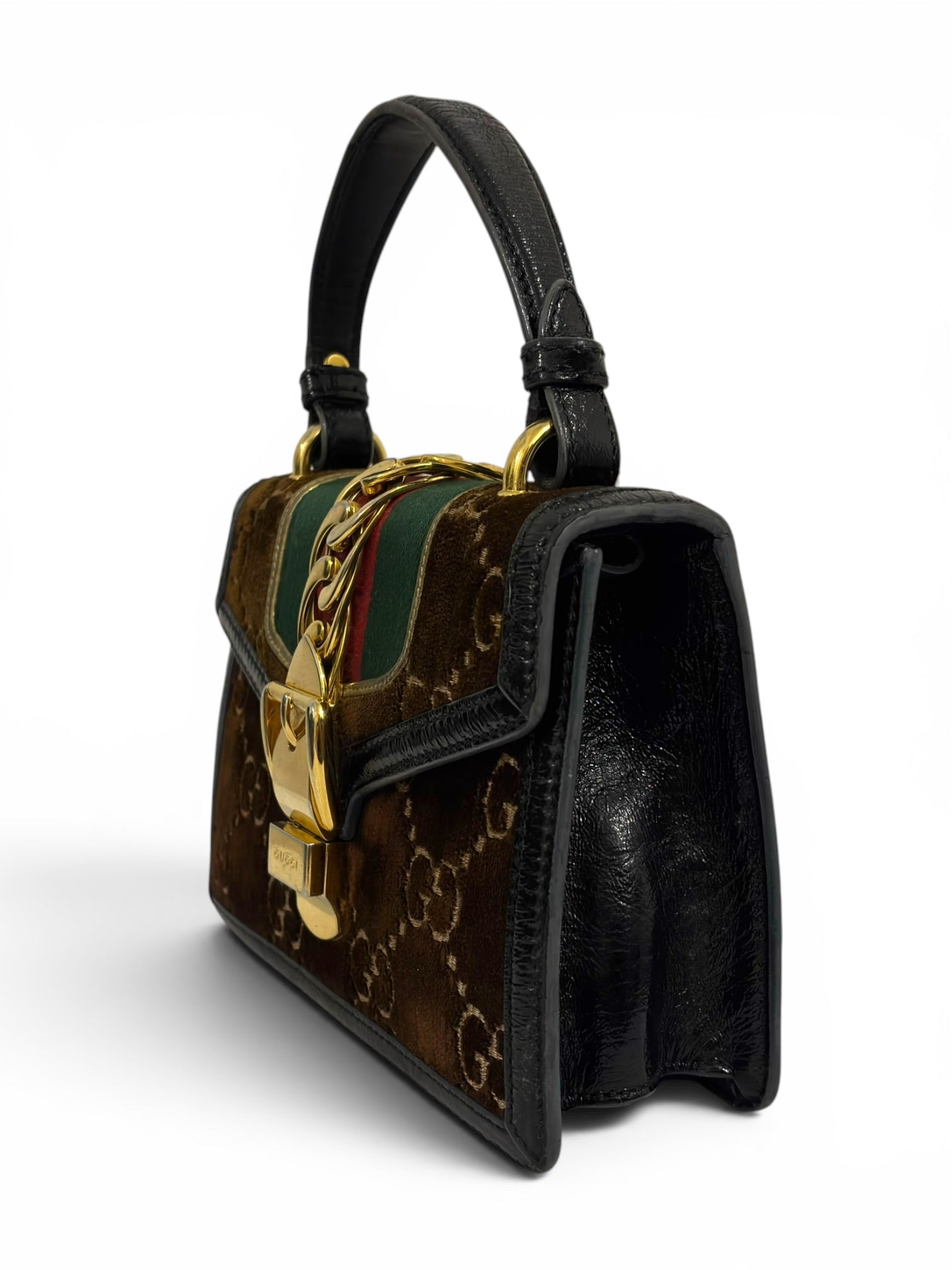 Gucci Sylvie Rare Mini GG Velvet Brown Web Stripe
Gold Hardware 493075 Top Handle Bag