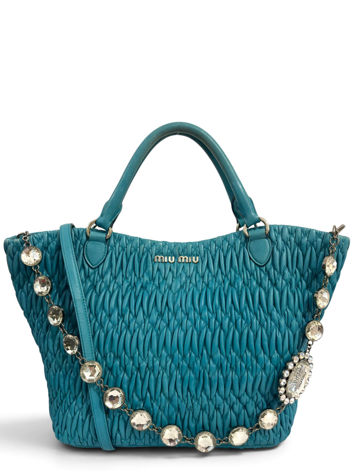 Vintage Miu Miu Bag In Blue Nappa Matelassé Leather Swarovski Crystal Tote