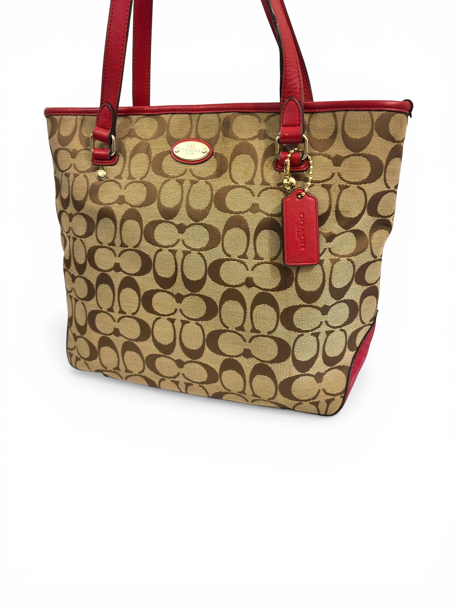 Coach Brown Khaki & Red Signature Monogram Canvas & Leather Tote Vintage Shoulder Bag