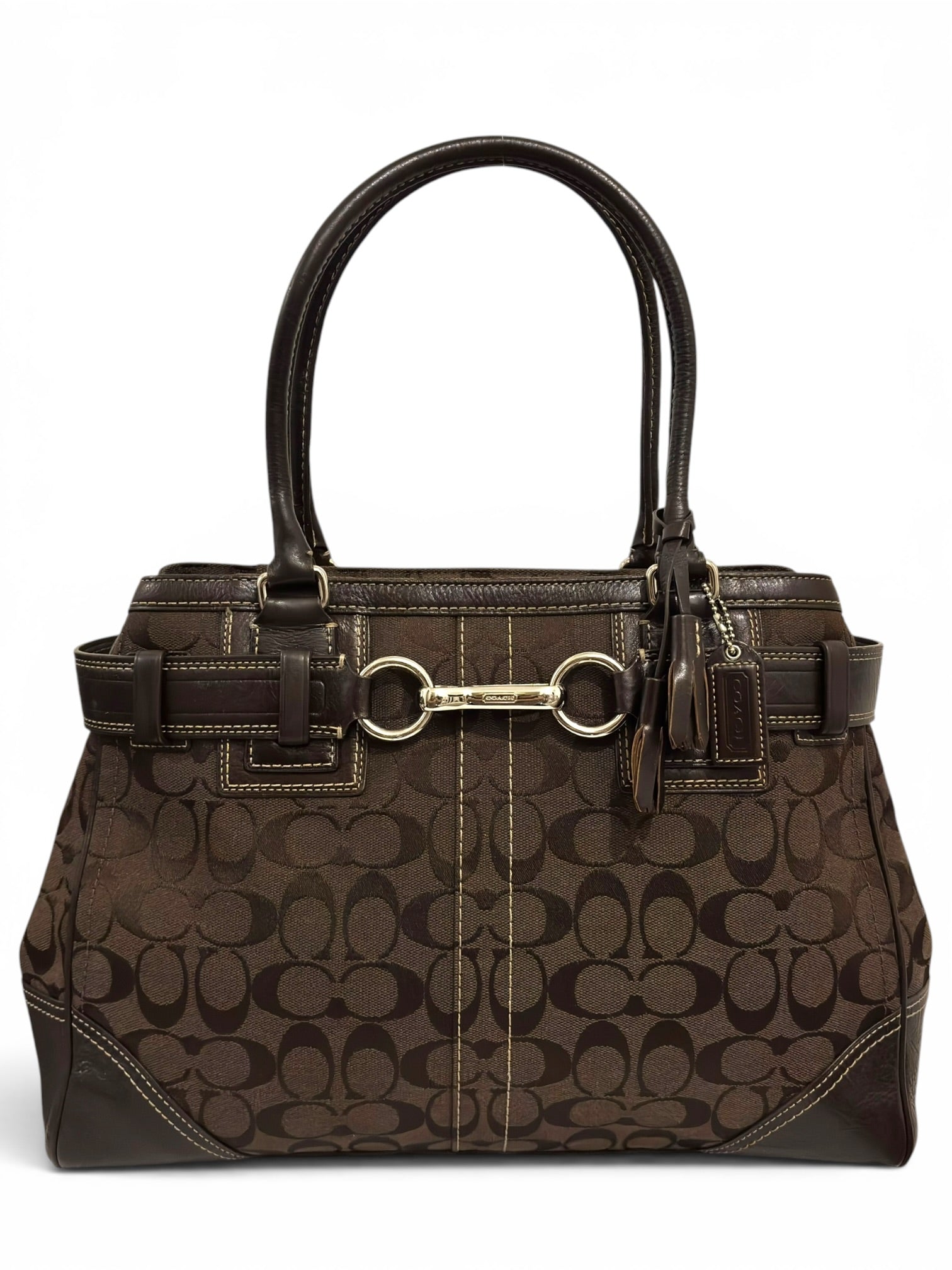 Coach Chocolate Brown Hamptons Signature Canvas & Leather Large Vintage Clip Tote Shoulder Bag