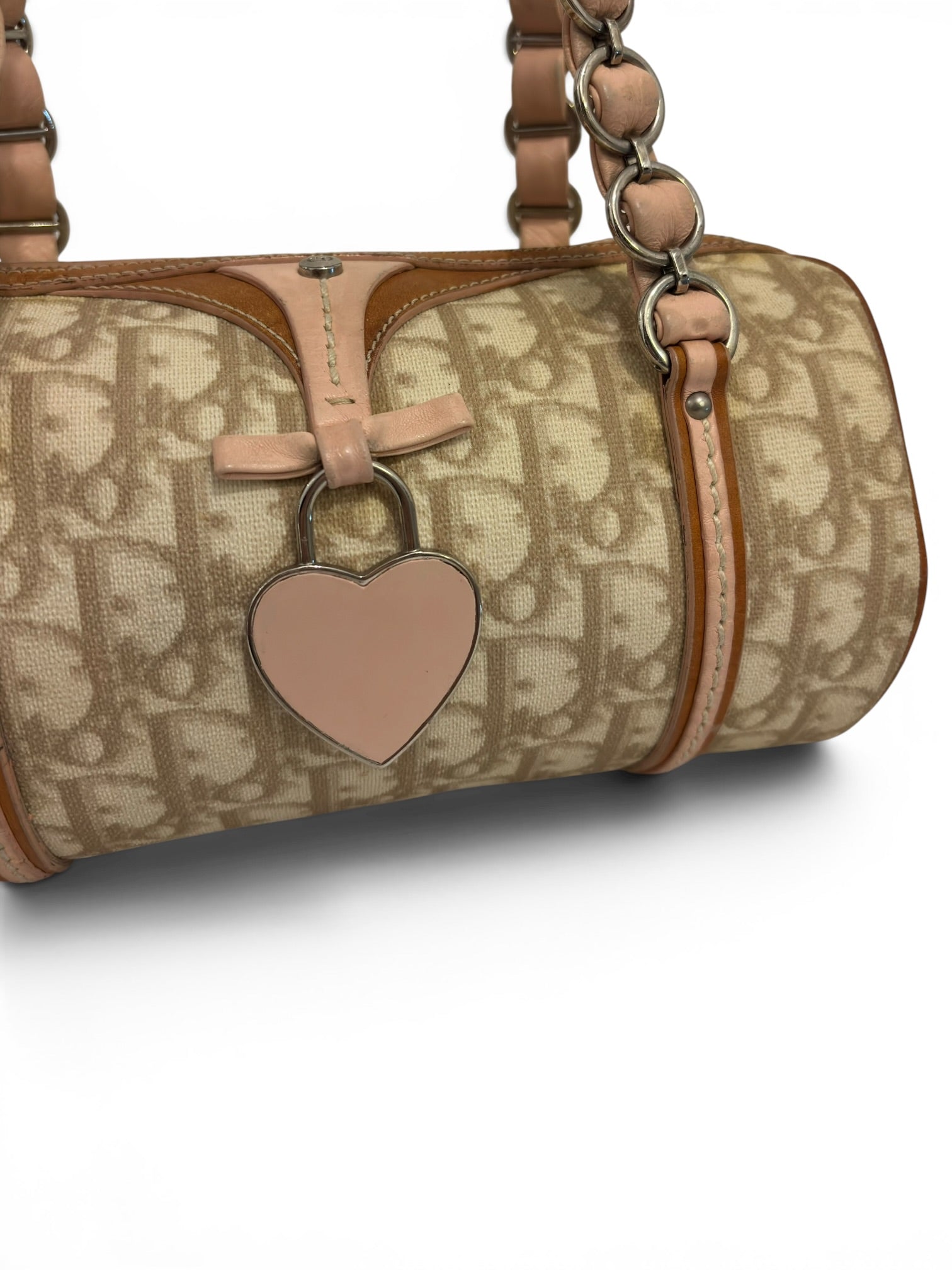 Christian Dior Rare Romantique Trotter Barrel Pink & Brown Heart Charm Galliano Vintage Shoulder Bag
